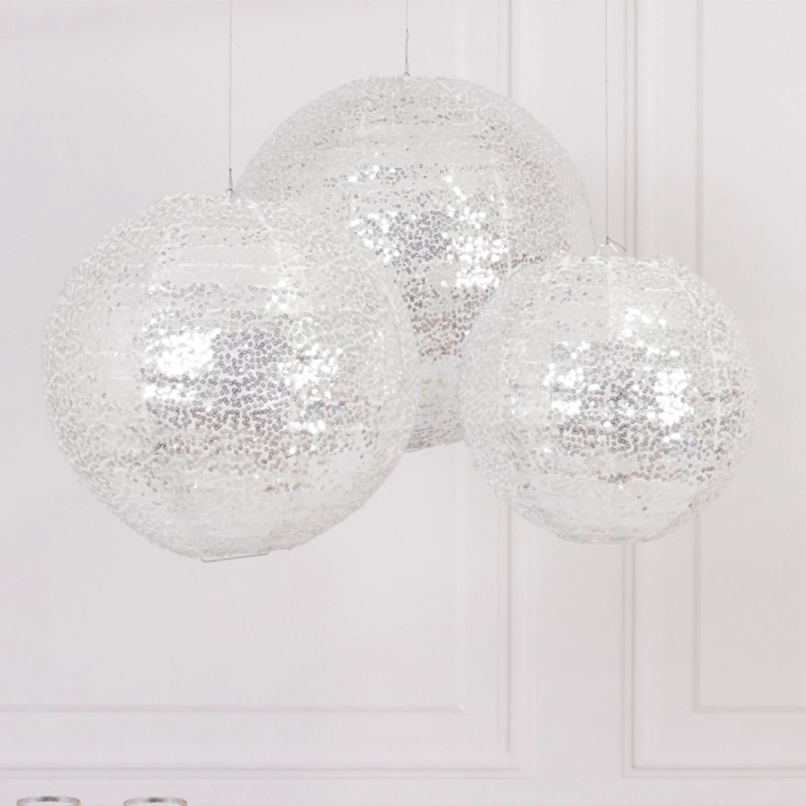 Set of 3 Shimmer Silver Sequin Fabric Hanging Lanterns, Decorative Round Foldable Chinese Lantern Lampshades - 8",10",12" - Image 4