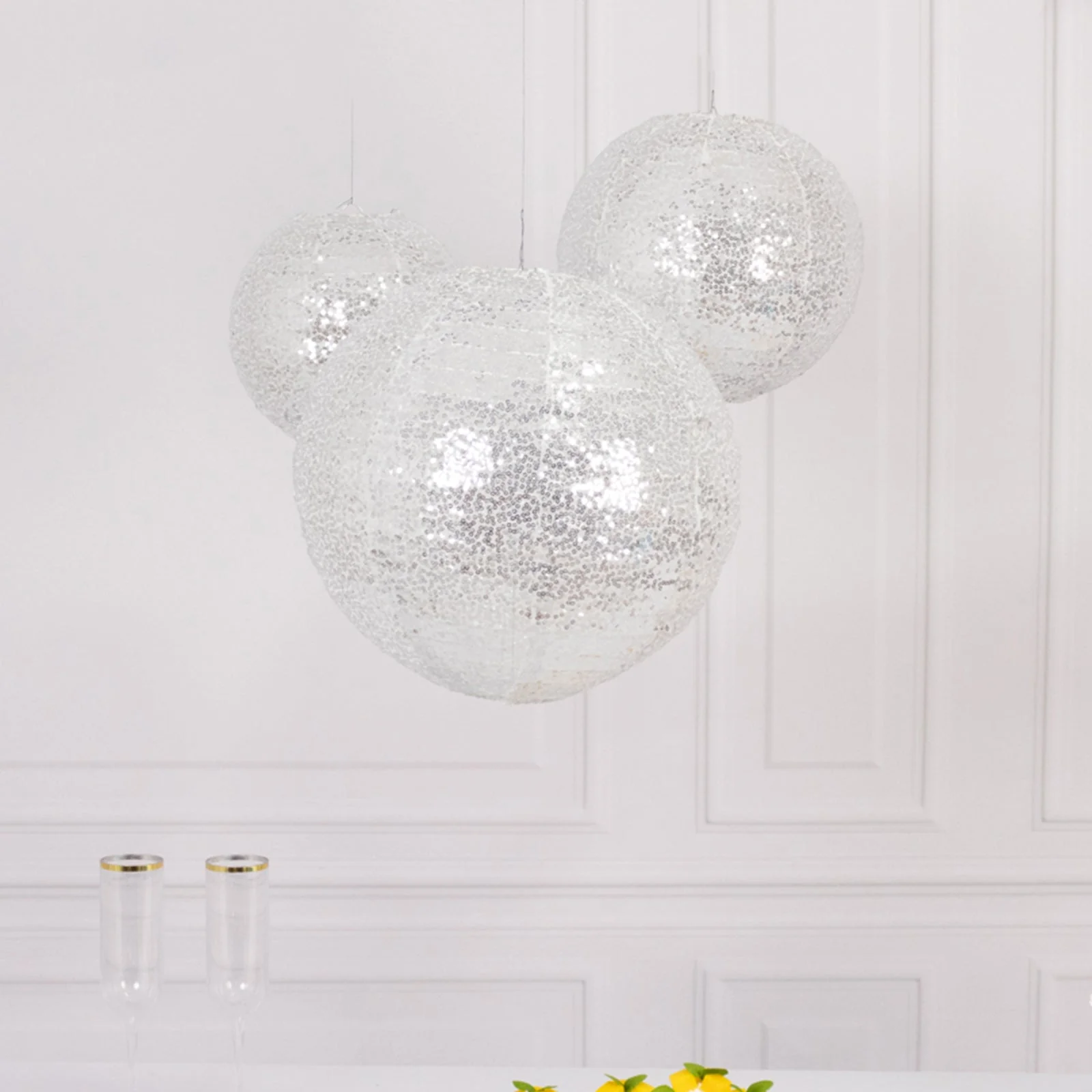 Set of 3 Shimmer Silver Sequin Fabric Hanging Lanterns, Decorative Round Foldable Chinese Lantern Lampshades - 8",10",12" - Image 5