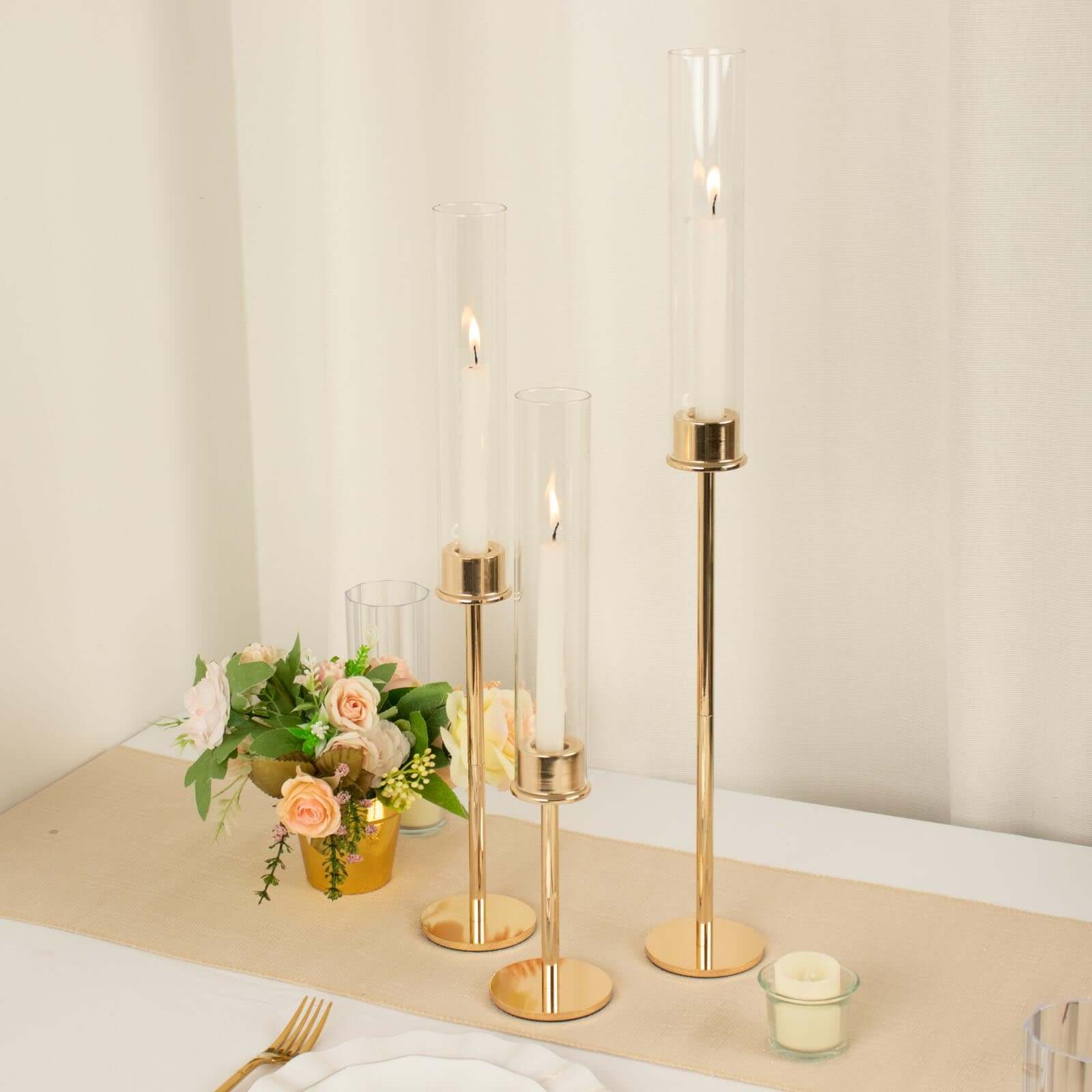 Set of 3 Tall Gold Metal Taper Candlestick Holders 16", 20", 24" - Clear Glass Hurricane Candle Stands With Chimney Candle Shades - Image 2