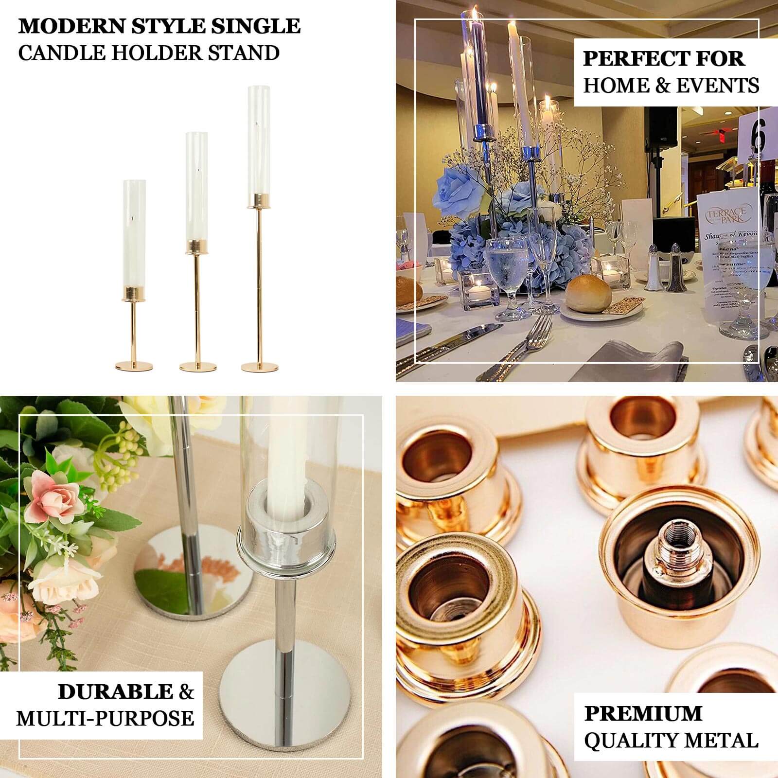 Set of 3 Tall Gold Metal Taper Candlestick Holders 16", 20", 24" - Clear Glass Hurricane Candle Stands With Chimney Candle Shades - Image 4