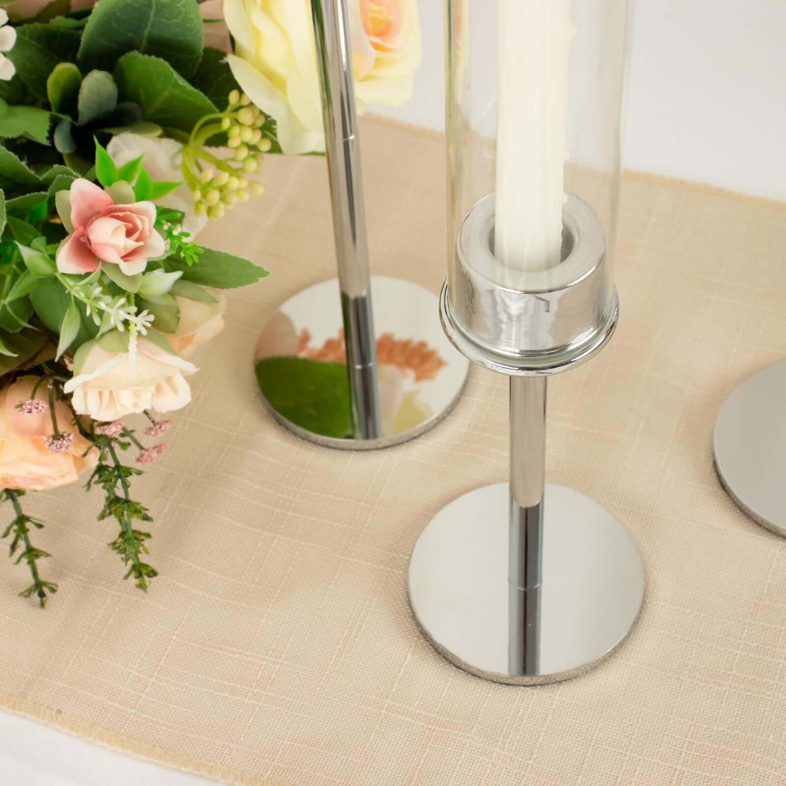 Set of 3 Tall Silver Metal Taper Candlestick Holders 16", 20", 24" - Clear Glass Hurricane Candle Stands With Chimney Candle Shades - Image 6