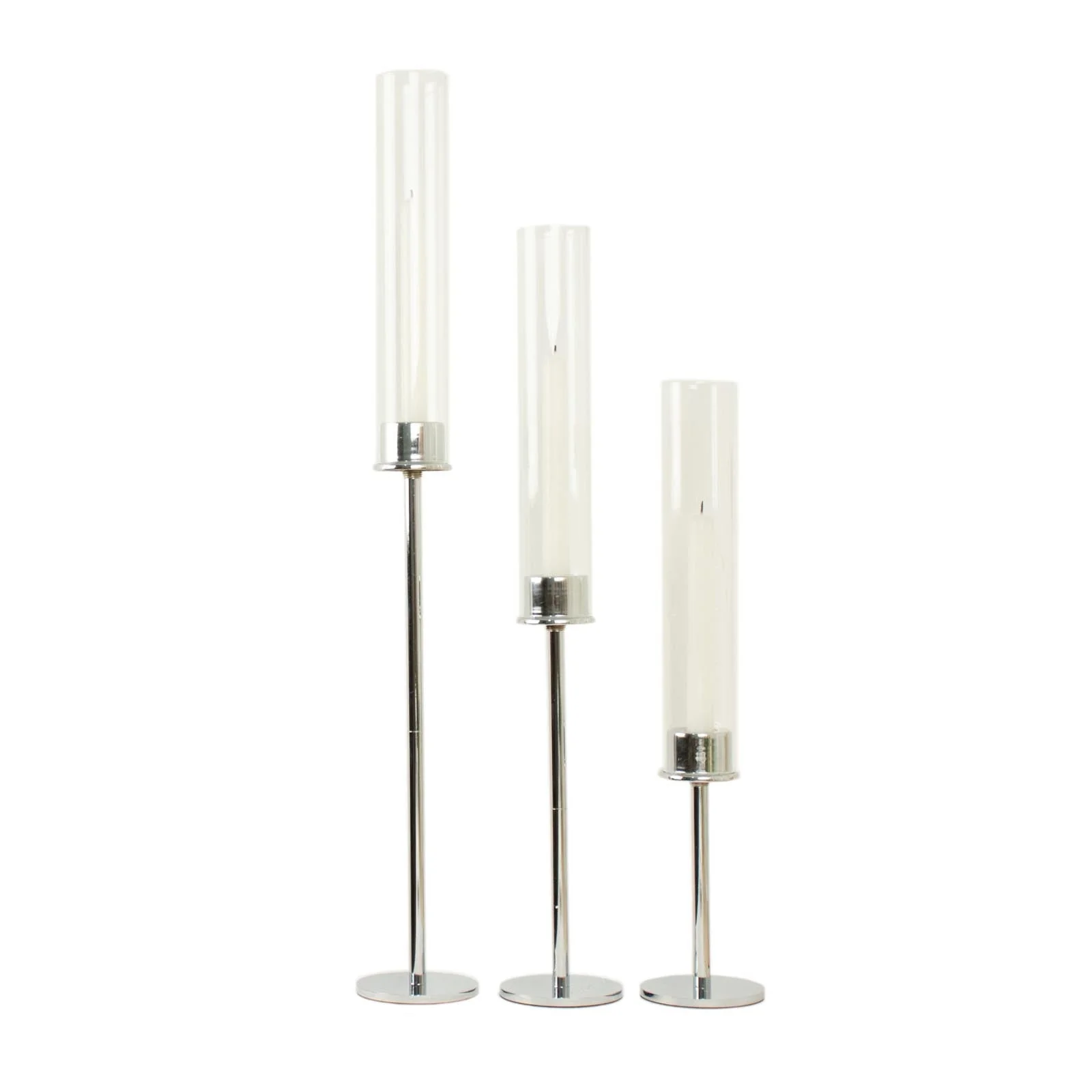 Set of 3 Tall Silver Metal Taper Candlestick Holders 16", 20", 24" - Clear Glass Hurricane Candle Stands With Chimney Candle Shades - Image 9