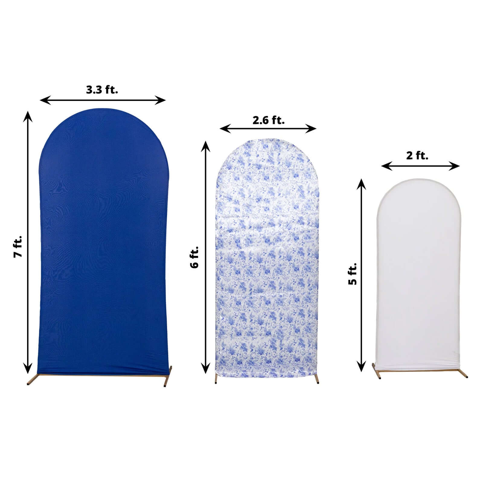 Set of 3 White Blue Fitted Backdrop Stand Covers with Round Top, French Toile Pattern and Matte Spandex Wedding Arch Frame Covers - Image 3
