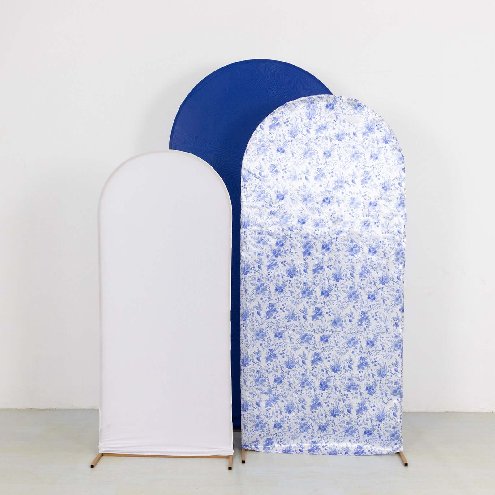 Set of 3 White Blue Fitted Backdrop Stand Covers with Round Top, French Toile Pattern and Matte Spandex Wedding Arch Frame Covers - Image 4