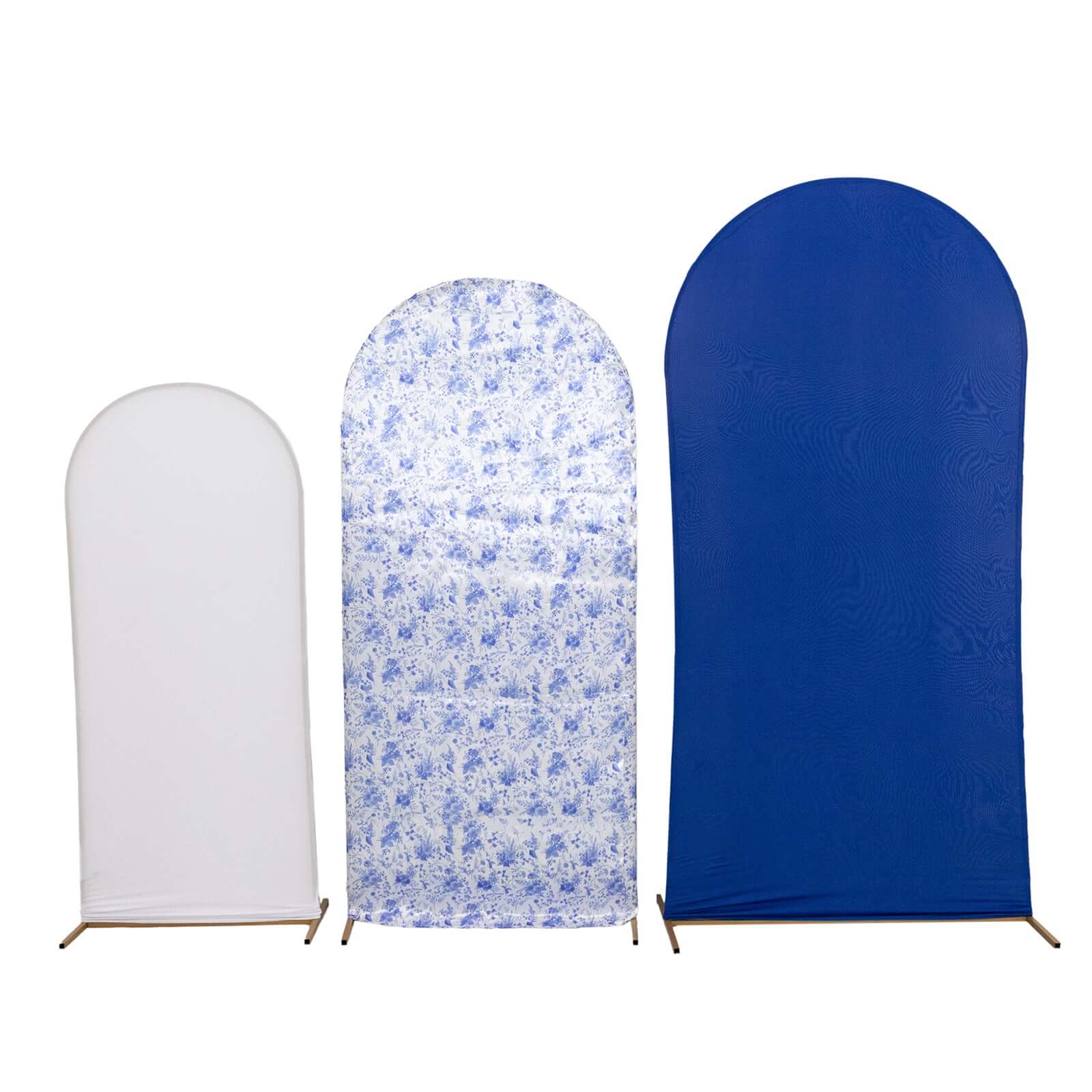 Set of 3 White Blue Fitted Backdrop Stand Covers with Round Top, French Toile Pattern and Matte Spandex Wedding Arch Frame Covers - Image 7
