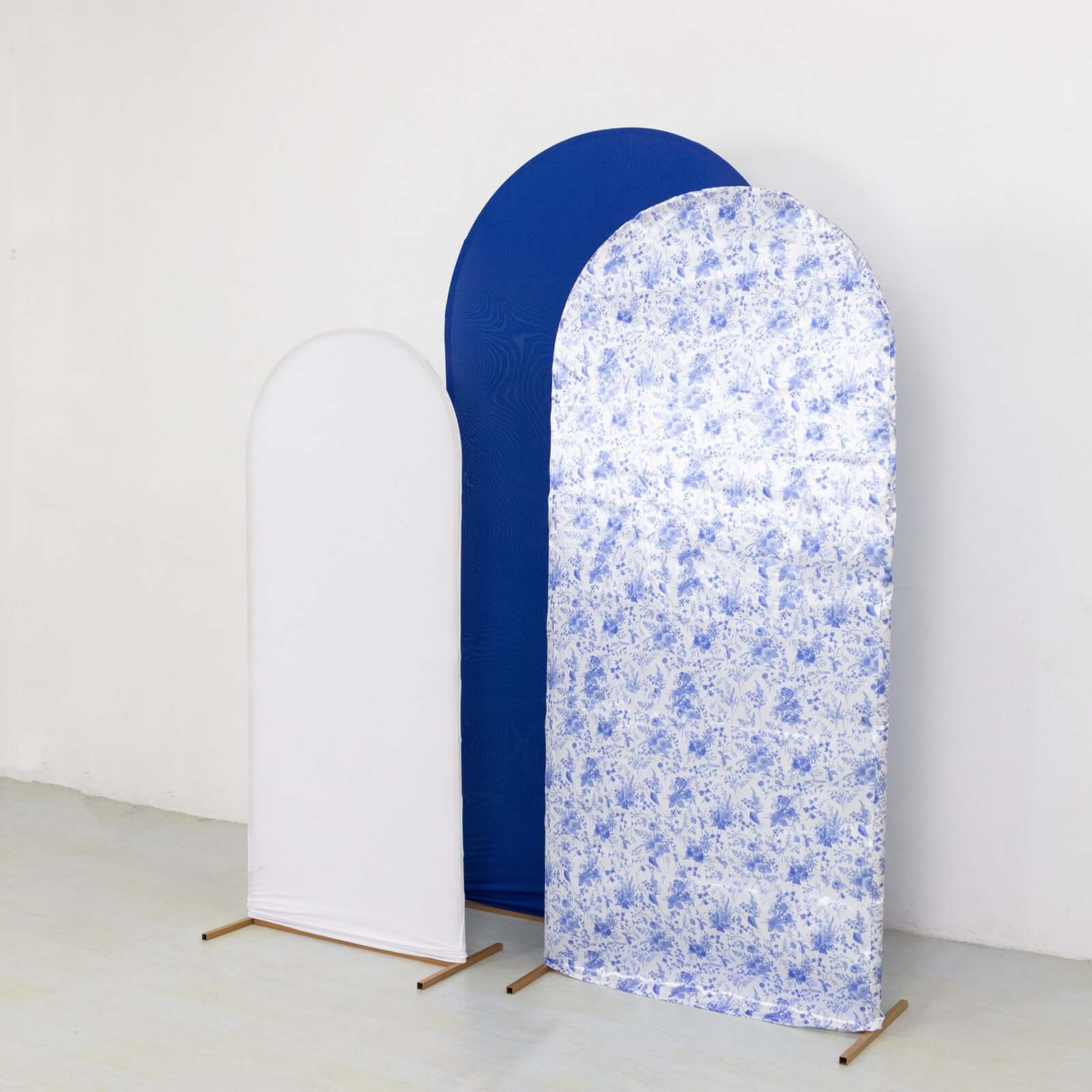 Set of 3 White Blue Fitted Backdrop Stand Covers with Round Top, French Toile Pattern and Matte Spandex Wedding Arch Frame Covers - Image 8
