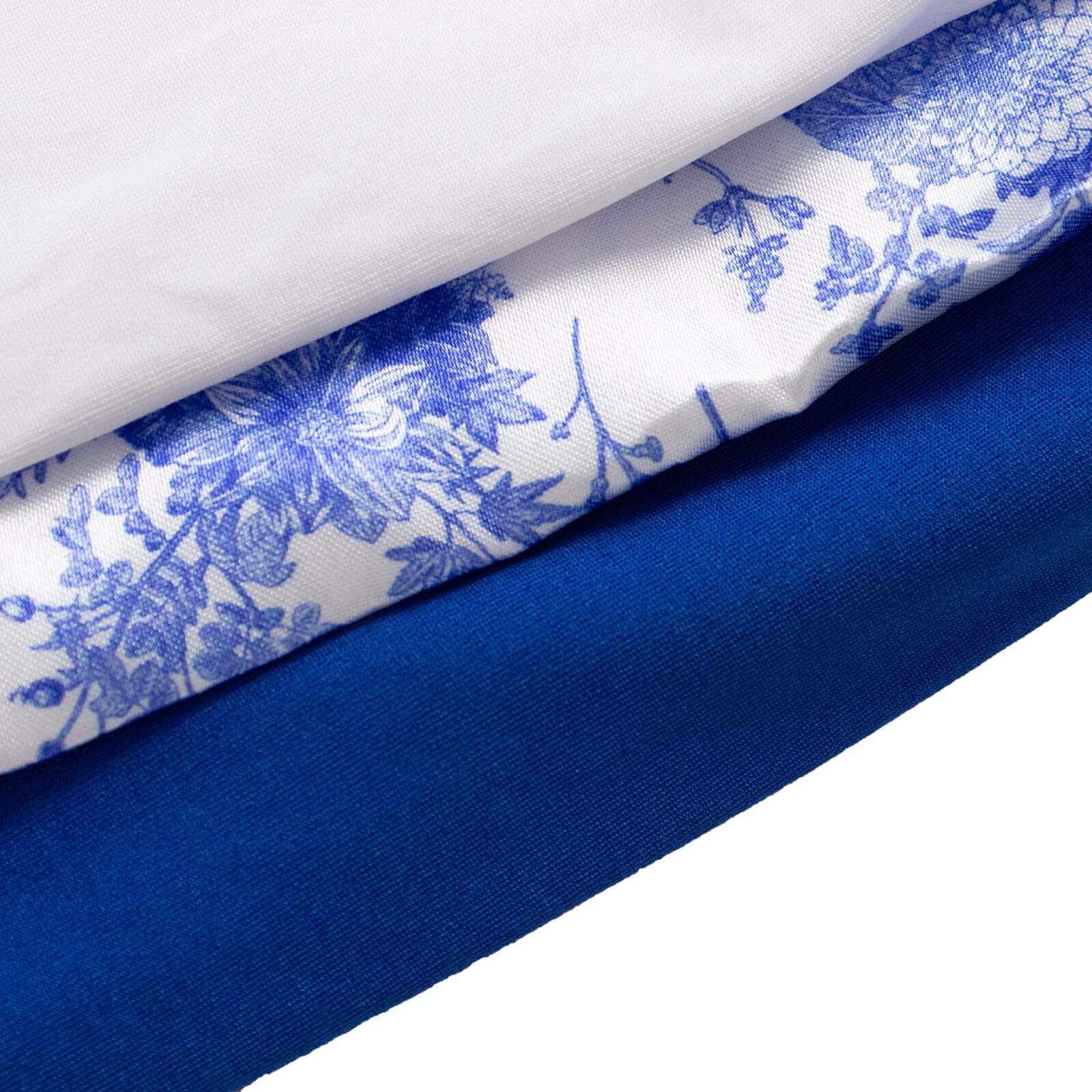 Set of 3 White Blue Fitted Backdrop Stand Covers with Round Top, French Toile Pattern and Matte Spandex Wedding Arch Frame Covers - Image 9