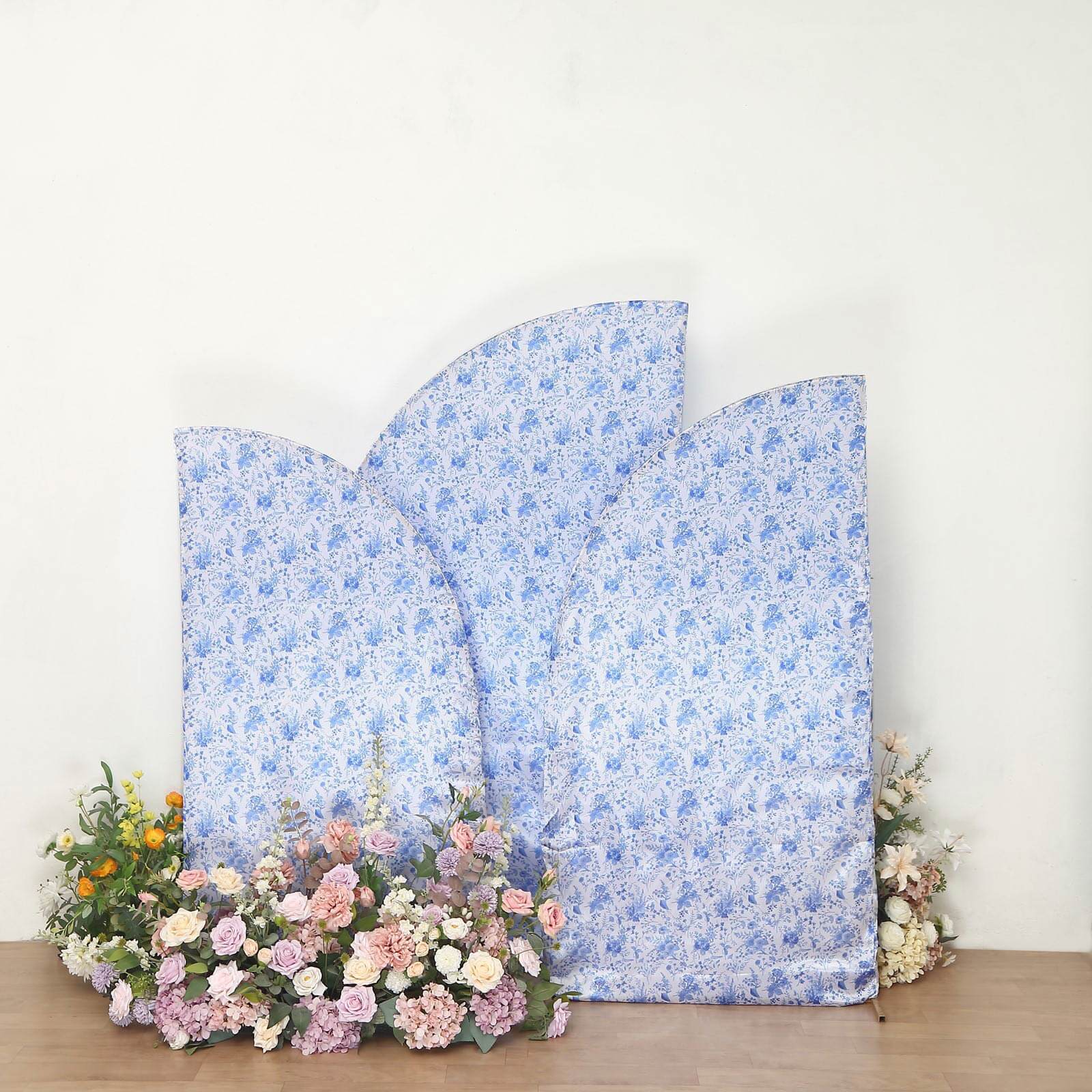 Set of 3 White Blue Satin Chiara Backdrop Stand Covers in French Toile Floral Pattern, Fitted Covers For Half Moon Wedding Arches 5ft, 6ft, 7ft