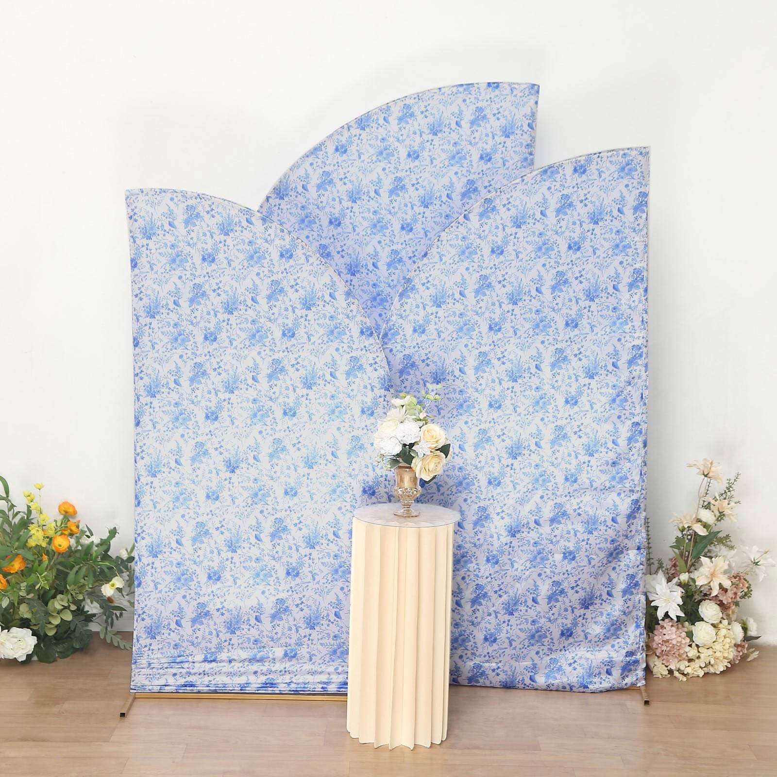 Set of 3 White Blue Satin Chiara Backdrop Stand Covers in French Toile Floral Pattern, Fitted Covers For Half Moon Wedding Arches 5ft, 6ft, 7ft - Image 2