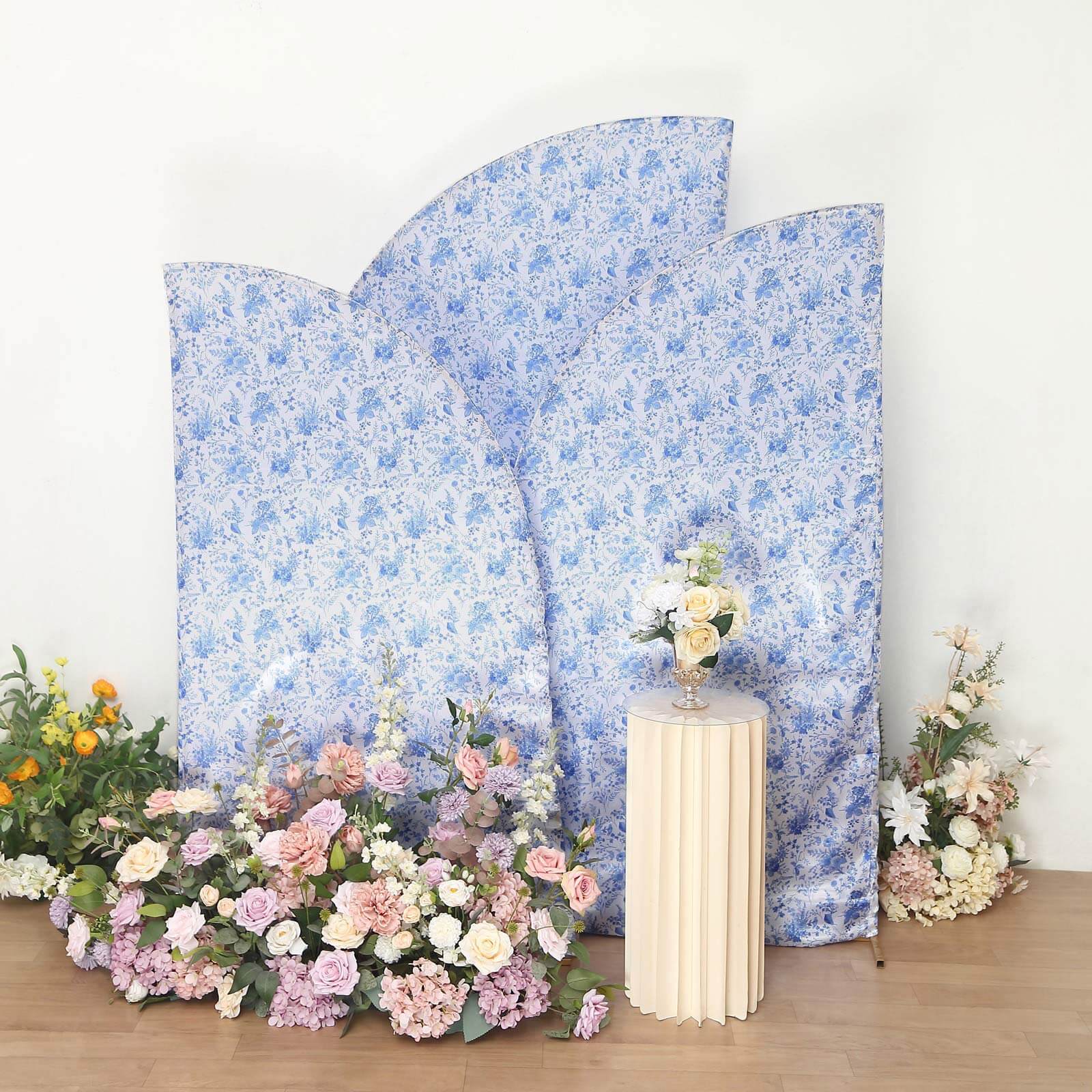 Set of 3 White Blue Satin Chiara Backdrop Stand Covers in French Toile Floral Pattern, Fitted Covers For Half Moon Wedding Arches 5ft, 6ft, 7ft - Image 4