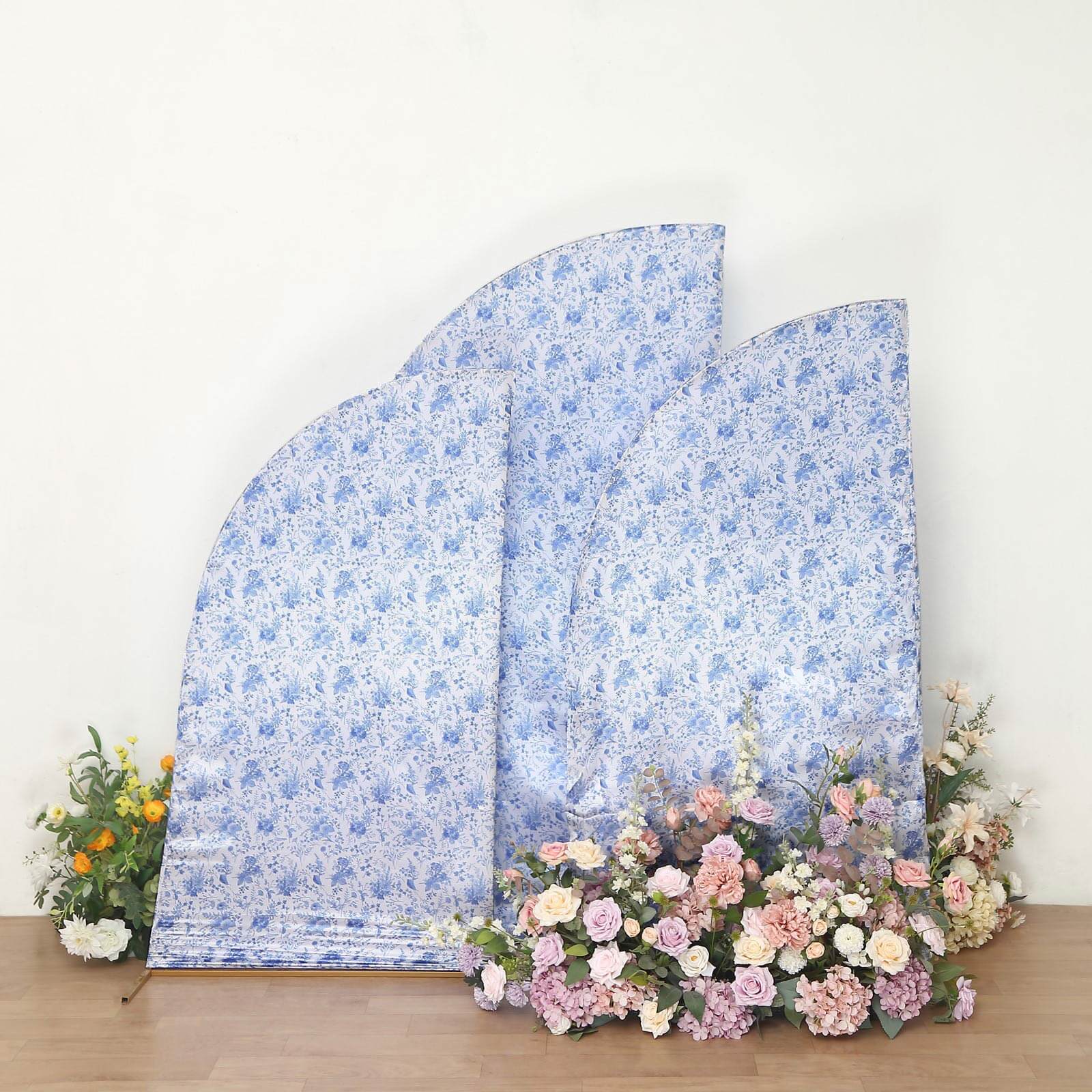 Set of 3 White Blue Satin Chiara Backdrop Stand Covers in French Toile Floral Pattern, Fitted Covers For Half Moon Wedding Arches 5ft, 6ft, 7ft - Image 5