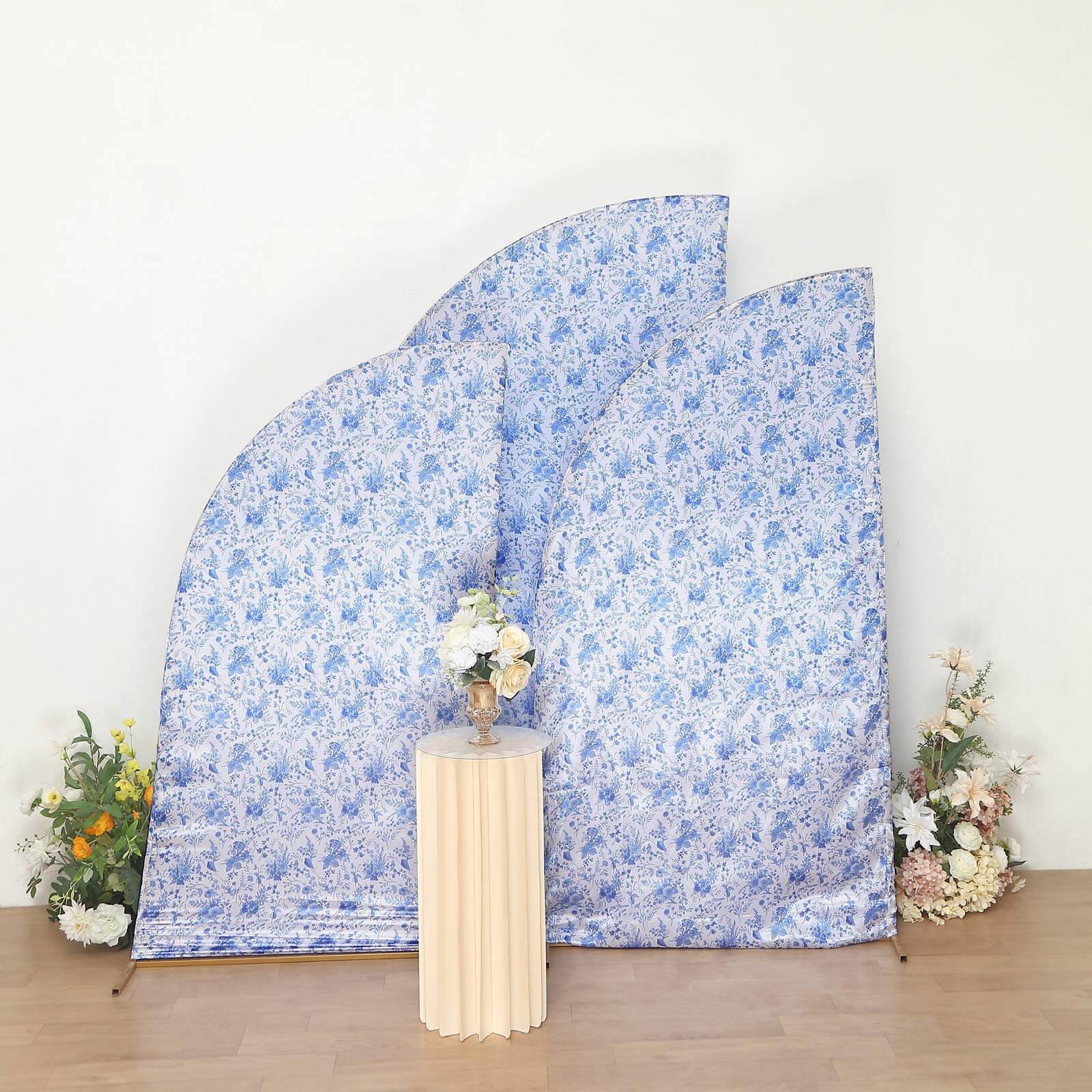 Set of 3 White Blue Satin Chiara Backdrop Stand Covers in French Toile Floral Pattern, Fitted Covers For Half Moon Wedding Arches 5ft, 6ft, 7ft - Image 6