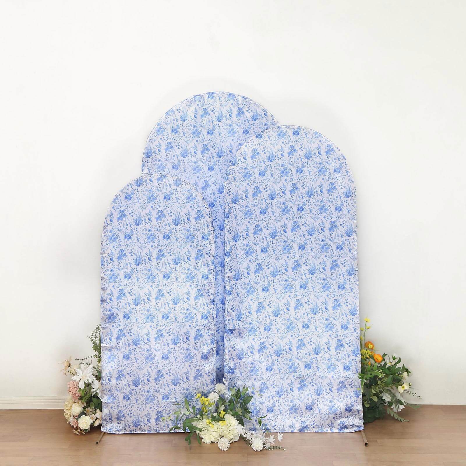 Set of 3 White Blue Satin Chiara Backdrop Stand Covers in French Toile Floral Pattern, Fitted Covers For Round Top Wedding Arches - 5ft,6ft,7ft - Image 2