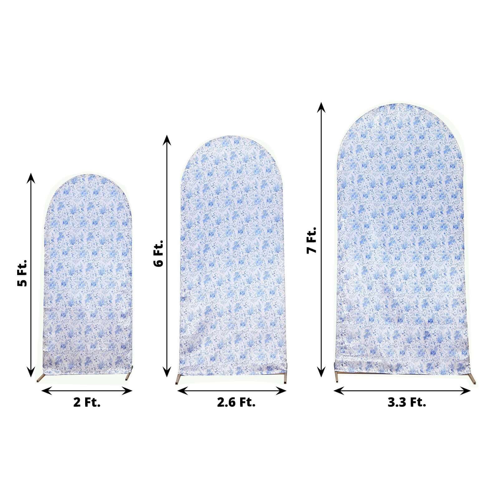 Set of 3 White Blue Satin Chiara Backdrop Stand Covers in French Toile Floral Pattern, Fitted Covers For Round Top Wedding Arches - 5ft,6ft,7ft - Image 3