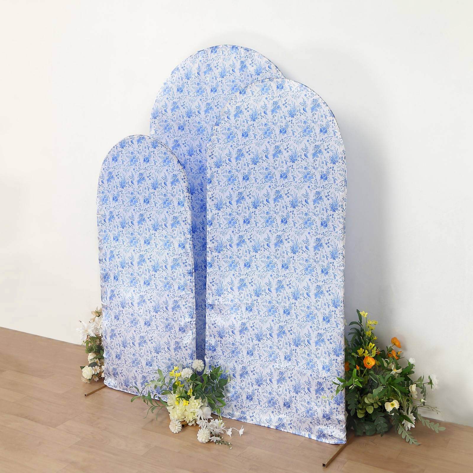 Set of 3 White Blue Satin Chiara Backdrop Stand Covers in French Toile Floral Pattern, Fitted Covers For Round Top Wedding Arches - 5ft,6ft,7ft - Image 4