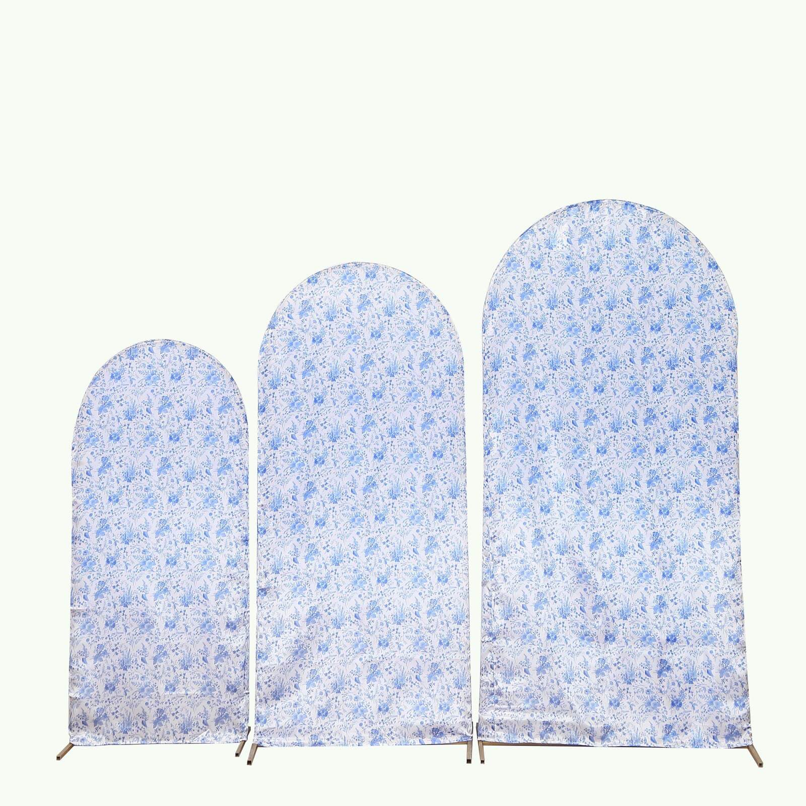 Set of 3 White Blue Satin Chiara Backdrop Stand Covers in French Toile Floral Pattern, Fitted Covers For Round Top Wedding Arches - 5ft,6ft,7ft - Image 5