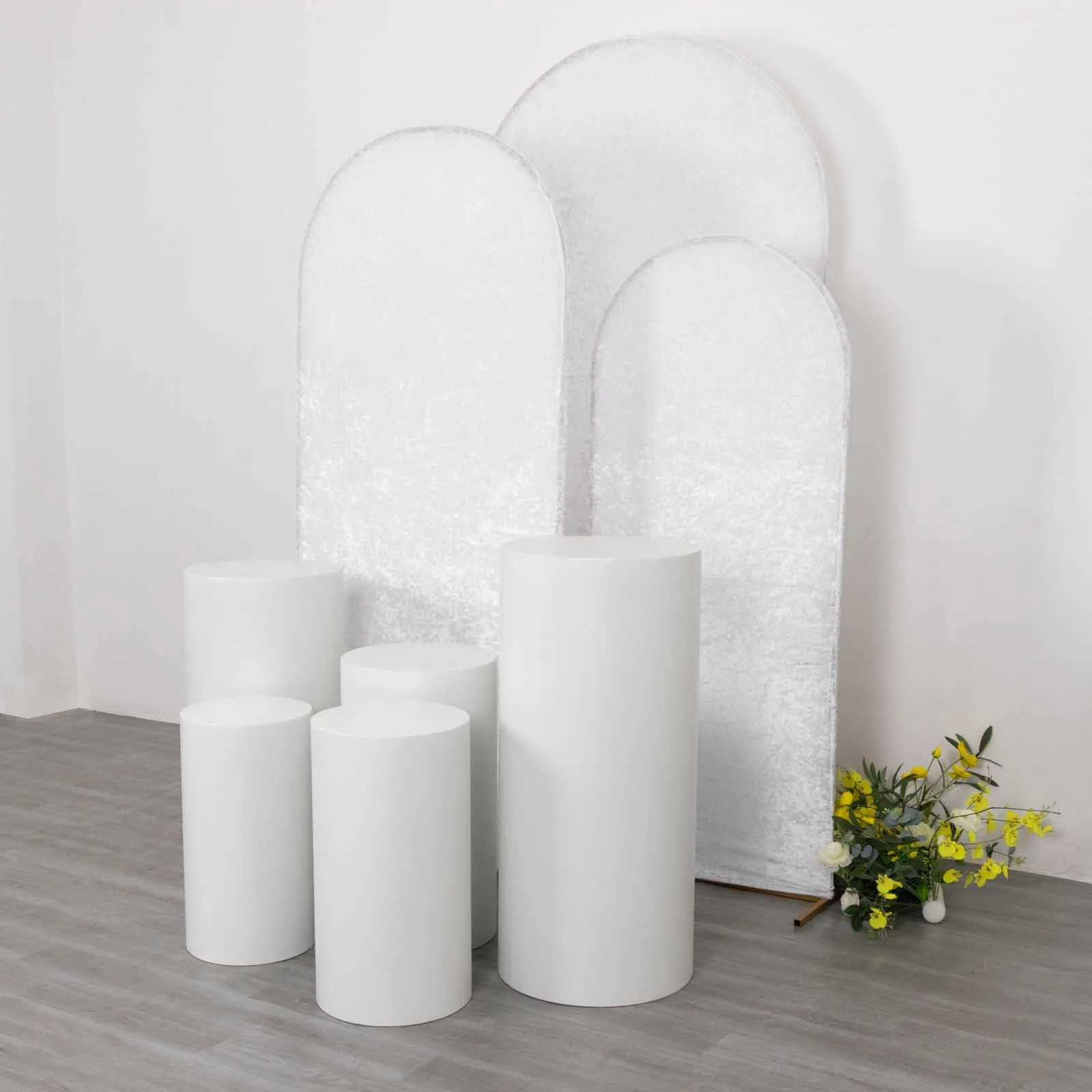 Set of 3 White Crushed Velvet Chiara Wedding Arch Covers For Round Top Backdrop Stands 5ft, 6ft, 7ft - Image 2