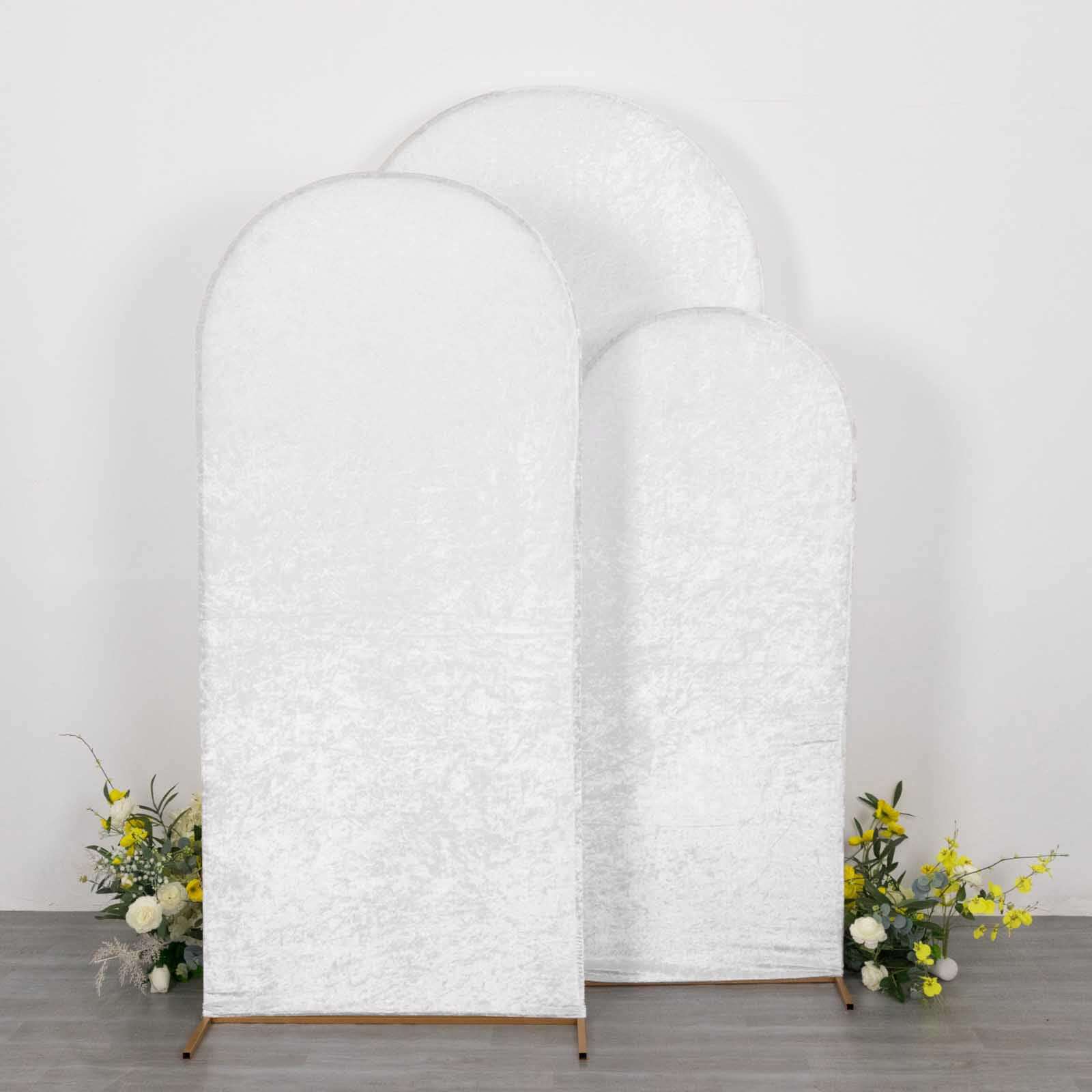 Set of 3 White Crushed Velvet Chiara Wedding Arch Covers For Round Top Backdrop Stands 5ft, 6ft, 7ft - Image 6