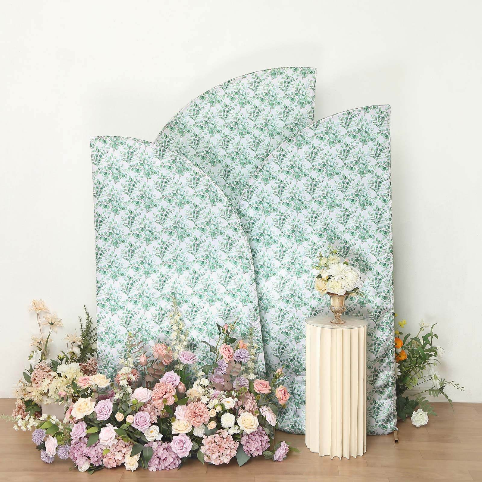 Set of 3 White Green Satin Chiara Backdrop Stand Covers With Eucalyptus Leaves Print, Fitted Covers For Half Moon Wedding Arches 5ft, 6ft, 7ft - Image 4