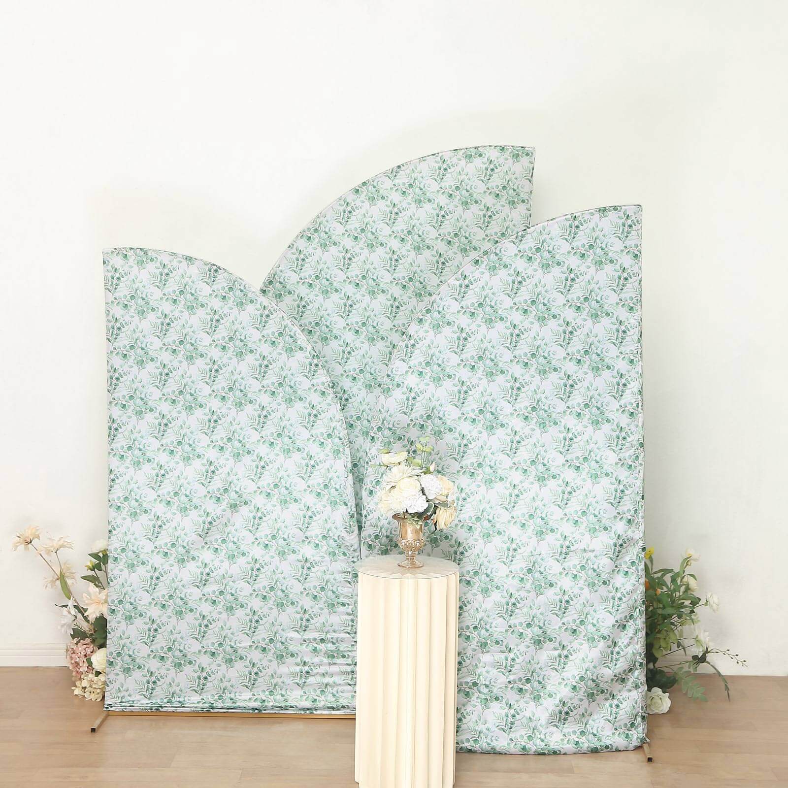 Set of 3 White Green Satin Chiara Backdrop Stand Covers With Eucalyptus Leaves Print, Fitted Covers For Half Moon Wedding Arches 5ft, 6ft, 7ft - Image 8