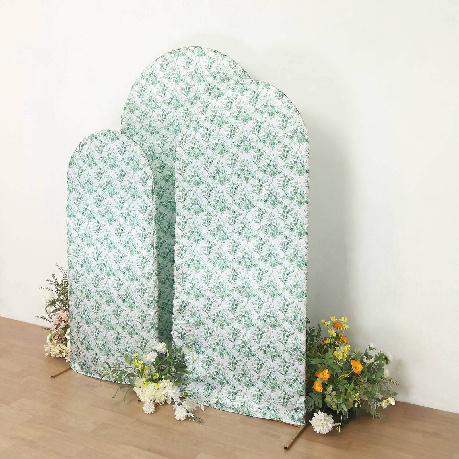 Set of 3 White Green Satin Chiara Backdrop Stand Covers With Eucalyptus Leaves Print, Fitted Covers For Round Top Wedding Arches - 5ft,6ft,7ft - Image 4