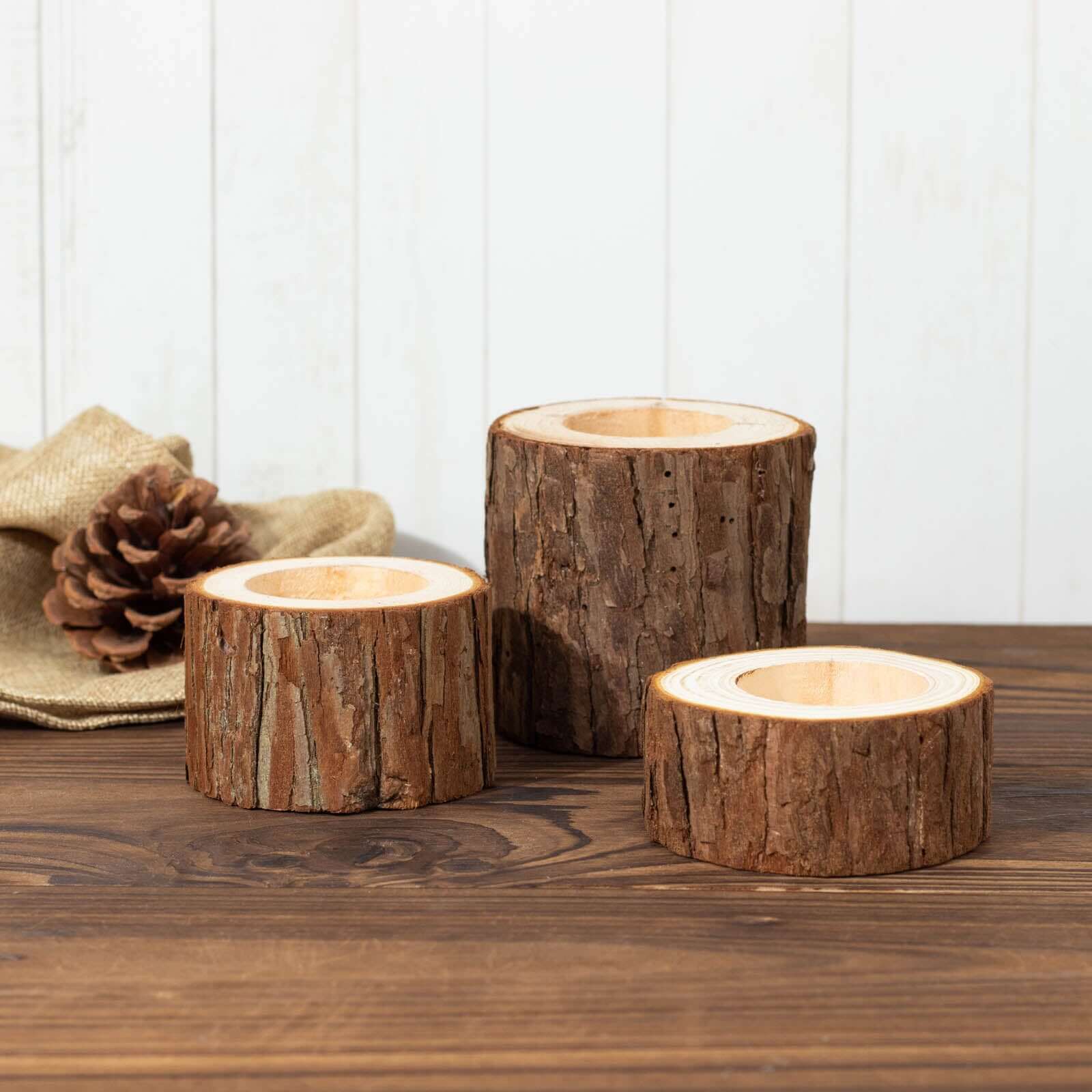 Set of 3 Wood Slice Votive Candle Holders Rustic 2.75", 1.5", 1.25" - Farmhouse Tree Branch Wedding Table Décor - Image 2