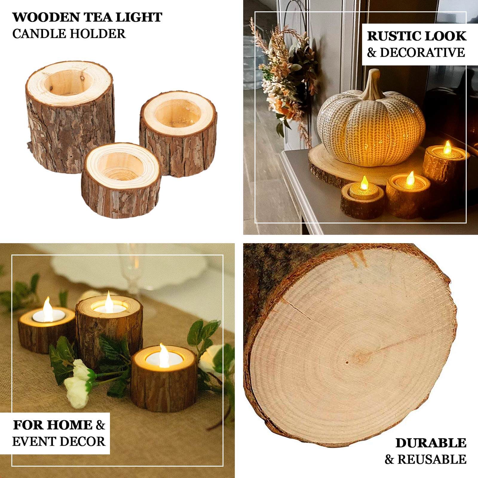 Set of 3 Wood Slice Votive Candle Holders Rustic 2.75", 1.5", 1.25" - Farmhouse Tree Branch Wedding Table Décor - Image 4
