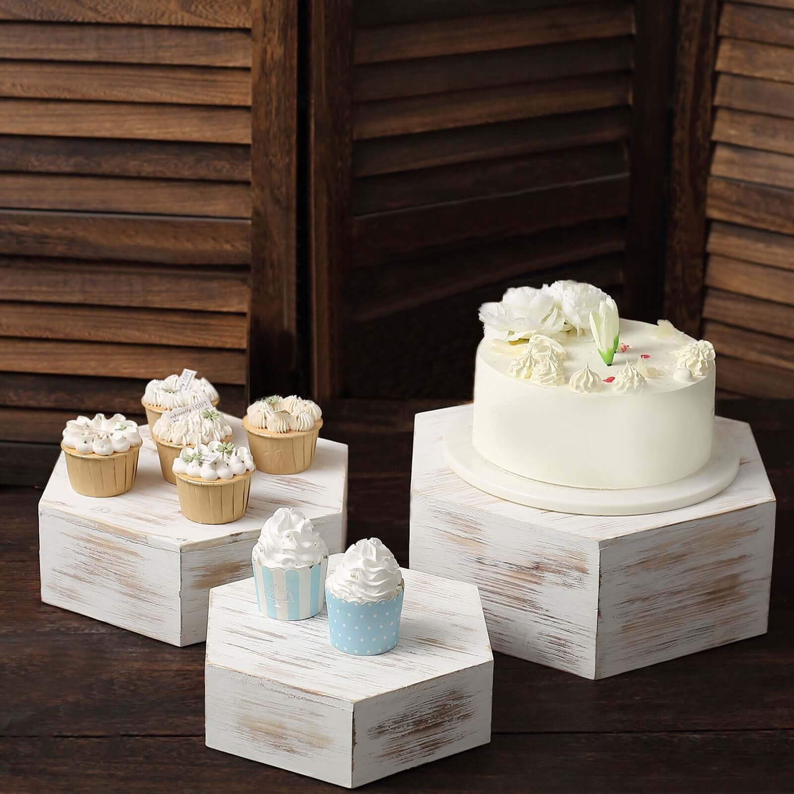 Set of 3 Wooden Dessert Display Boxes 9", 11", 13" Whitewashed Hexagonal Design - Stackable Riser Cake Stand - Image 5