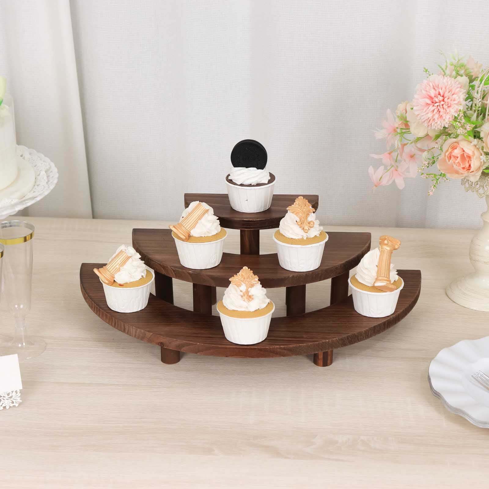 Set of 3 Wooden Dessert Pedestals 7", 13", 18" Rustic Brown 3-Tier Semicircle Design - Half Moon Cupcake Display Risers - Image 2