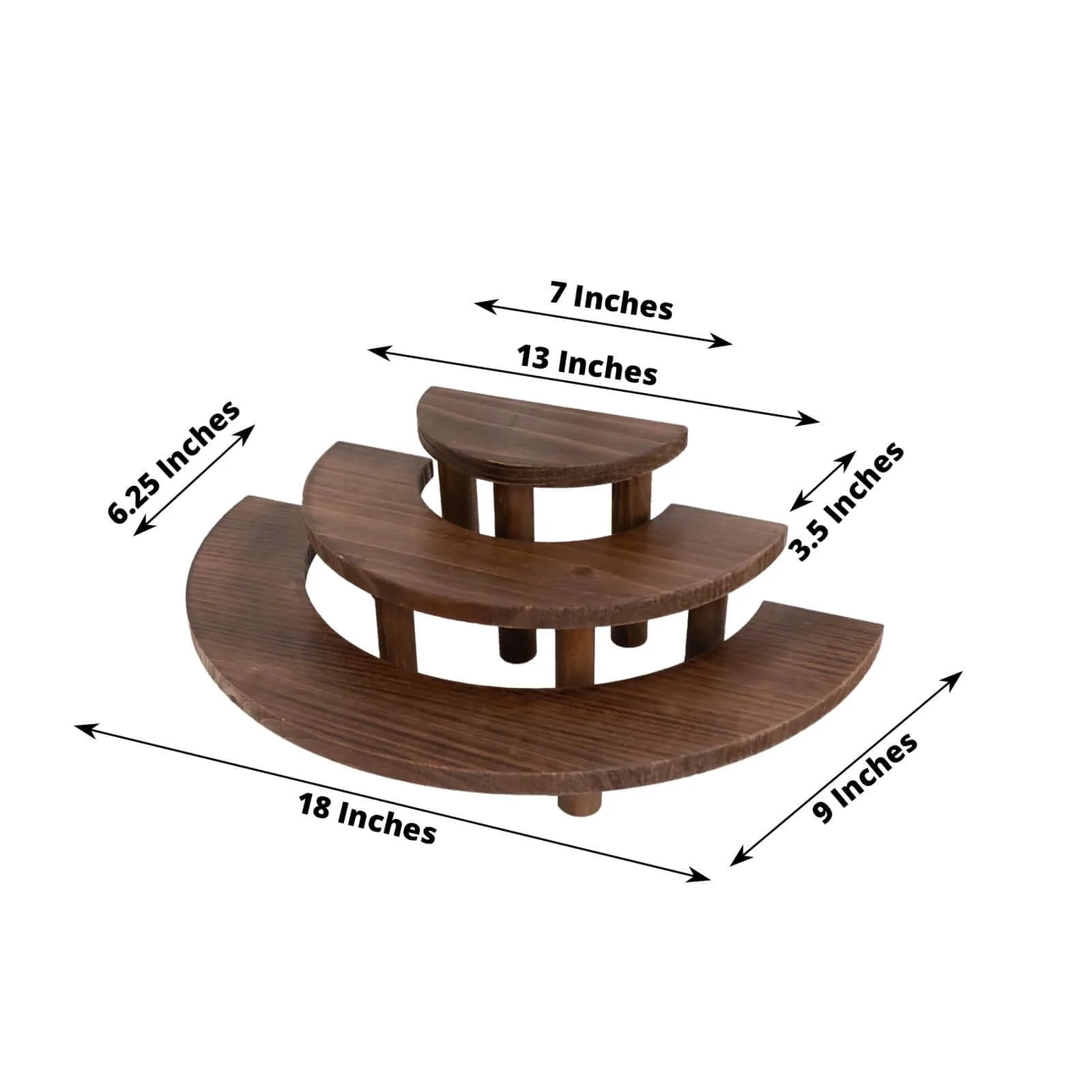 Set of 3 Wooden Dessert Pedestals 7", 13", 18" Rustic Brown 3-Tier Semicircle Design - Half Moon Cupcake Display Risers - Image 3