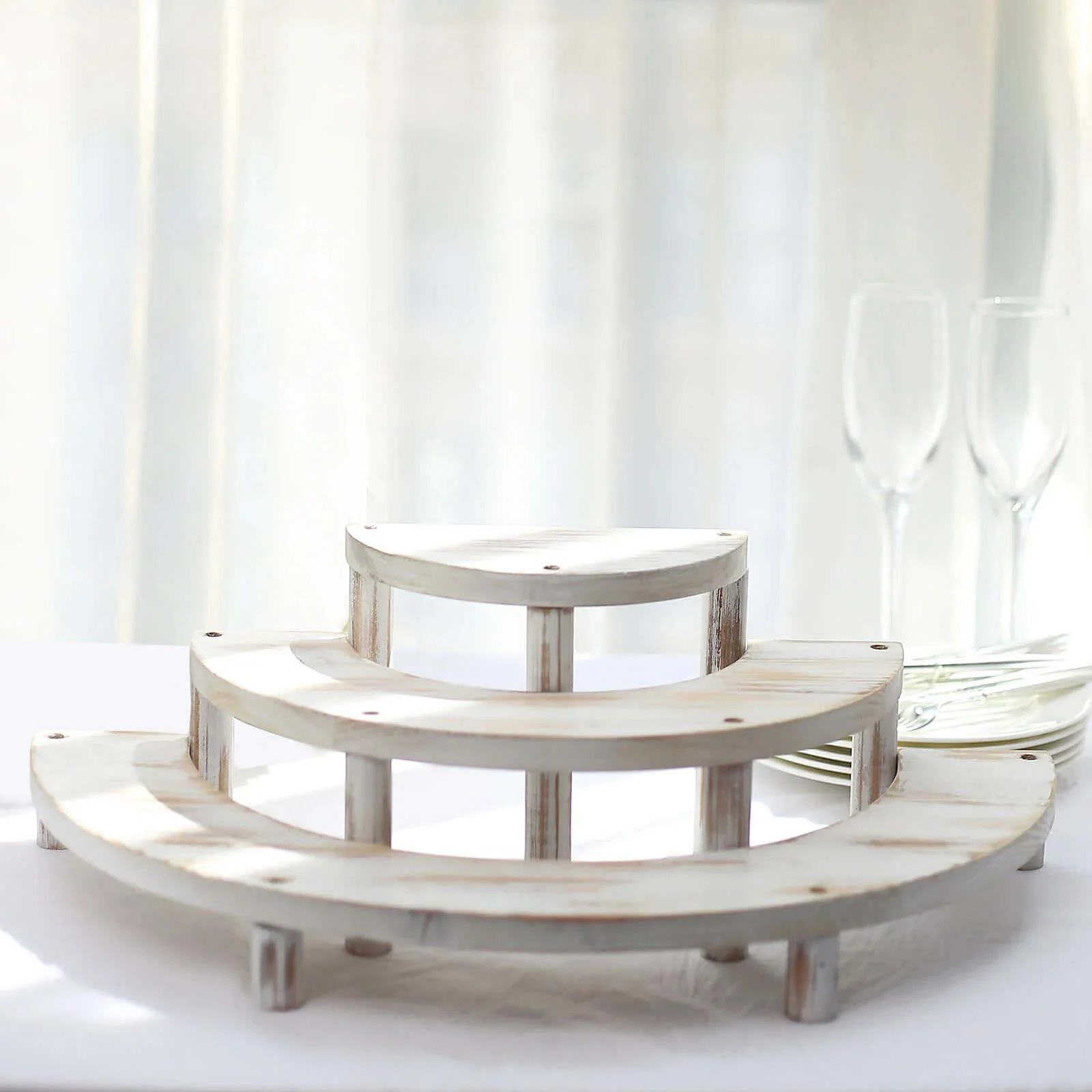 Set of 3 Wooden Dessert Pedestals 7", 13", 18" Rustic Whitewashed 3-Tier Semicircle Design - Half Moon Cupcake Display Risers