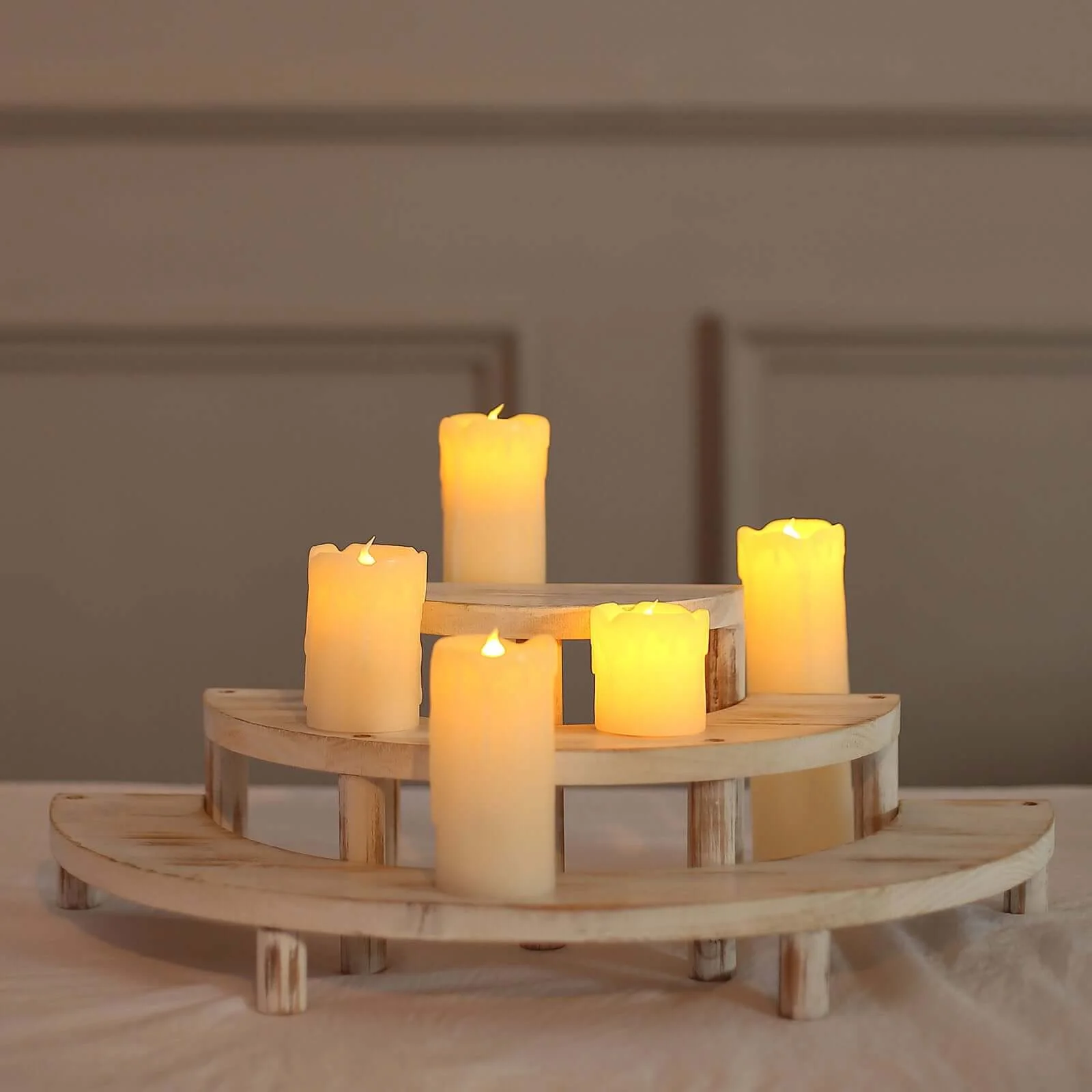 Set of 3 Wooden Dessert Pedestals 7", 13", 18" Rustic Whitewashed 3-Tier Semicircle Design - Half Moon Cupcake Display Risers - Image 2