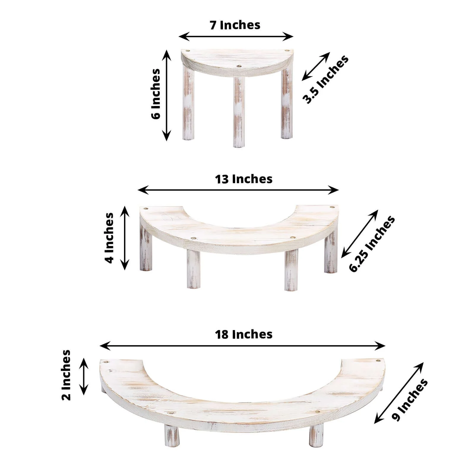 Set of 3 Wooden Dessert Pedestals 7", 13", 18" Rustic Whitewashed 3-Tier Semicircle Design - Half Moon Cupcake Display Risers - Image 3