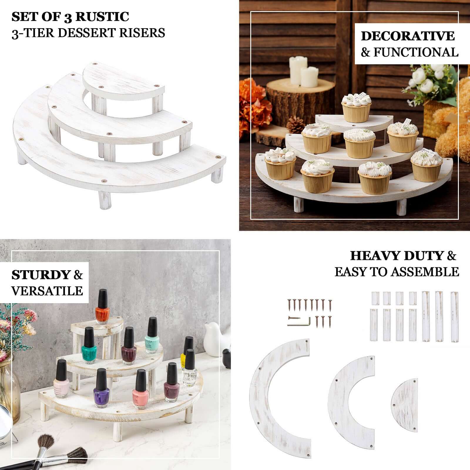 Set of 3 Wooden Dessert Pedestals 7", 13", 18" Rustic Whitewashed 3-Tier Semicircle Design - Half Moon Cupcake Display Risers - Image 4