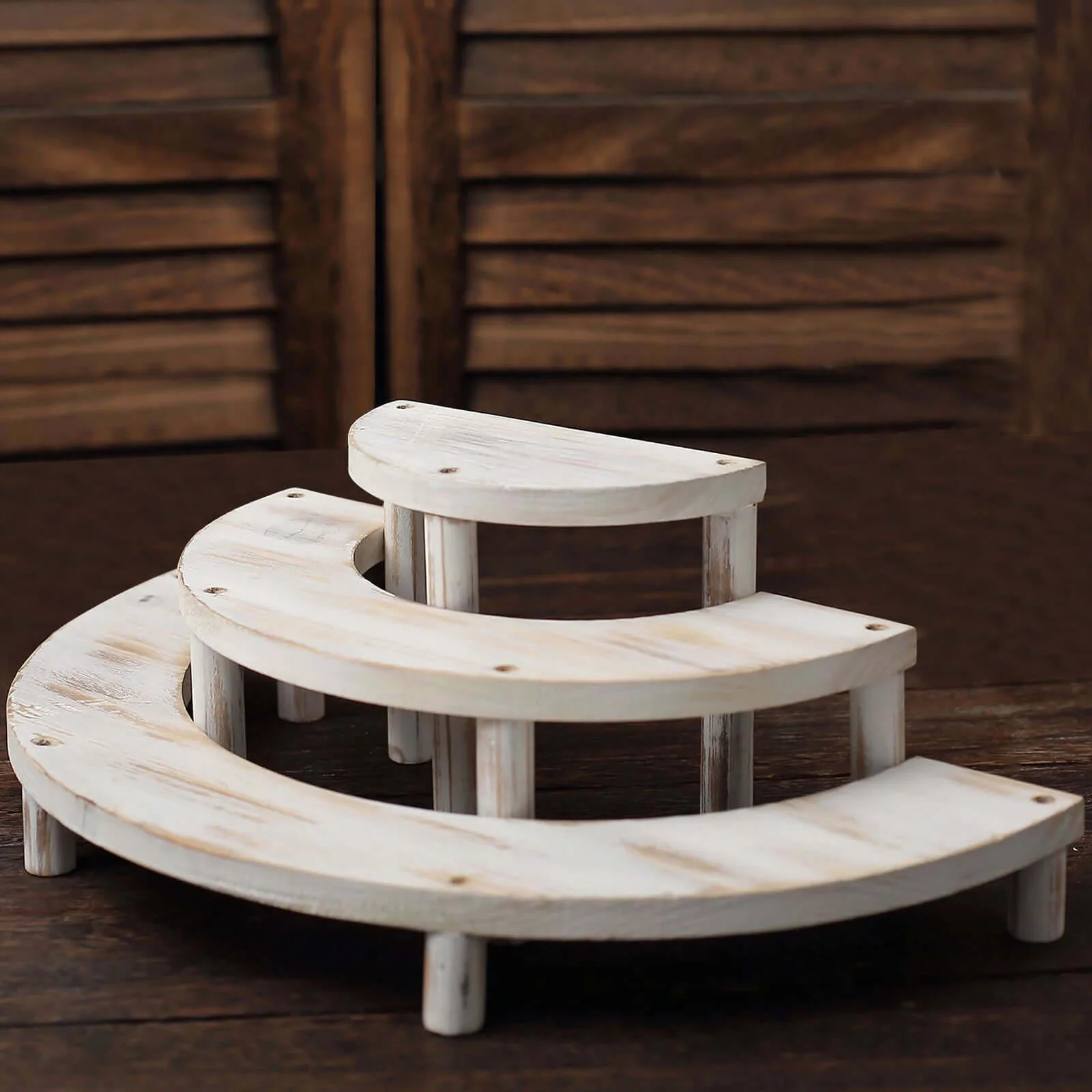 Set of 3 Wooden Dessert Pedestals 7", 13", 18" Rustic Whitewashed 3-Tier Semicircle Design - Half Moon Cupcake Display Risers - Image 6