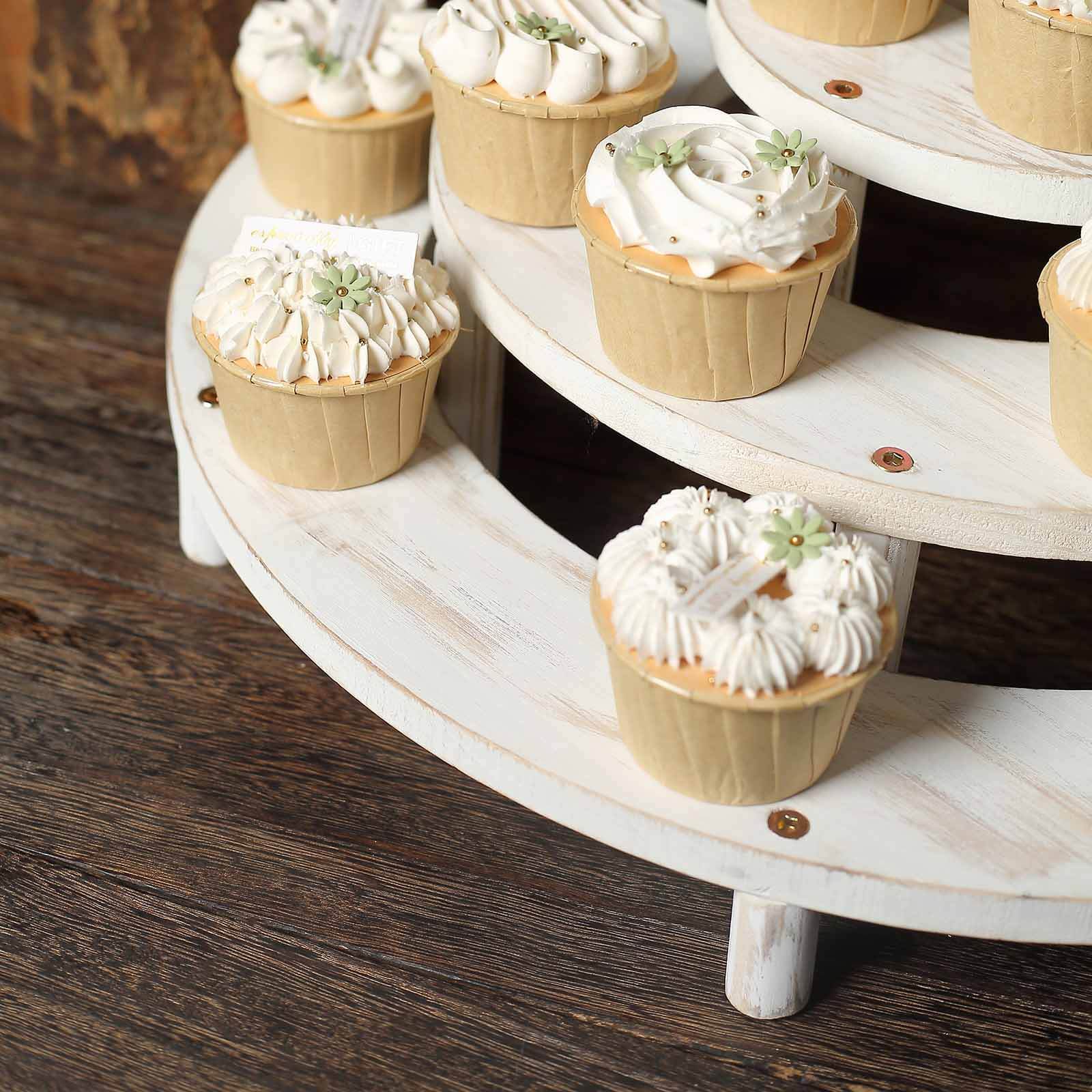 Set of 3 Wooden Dessert Pedestals 7", 13", 18" Rustic Whitewashed 3-Tier Semicircle Design - Half Moon Cupcake Display Risers - Image 8