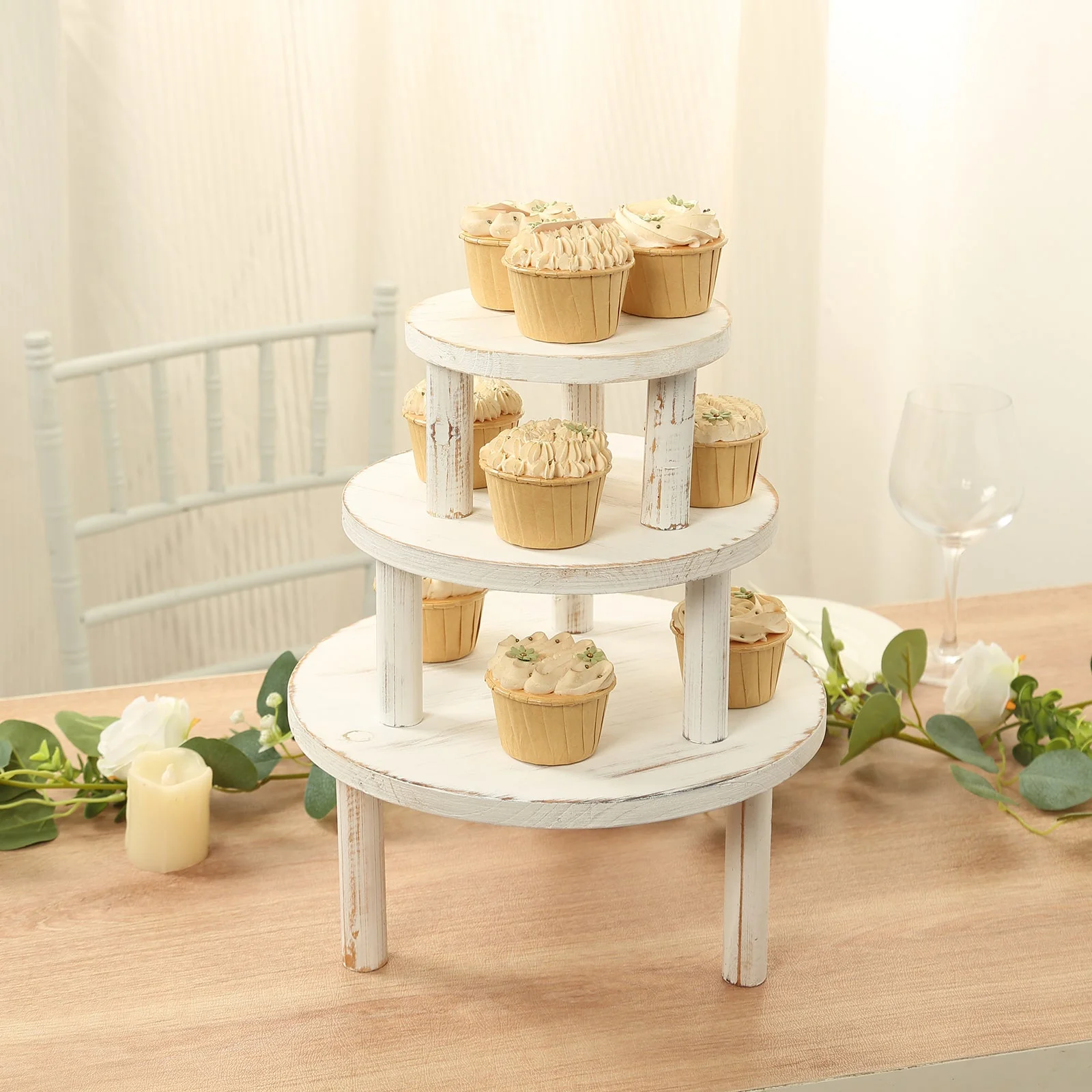 Set of 3 Wooden Pedestal Cake Stands 7", 9.5", 12" Whitewash with Removable Legs - Stackable Round Rustic Plant Risers - Image 2