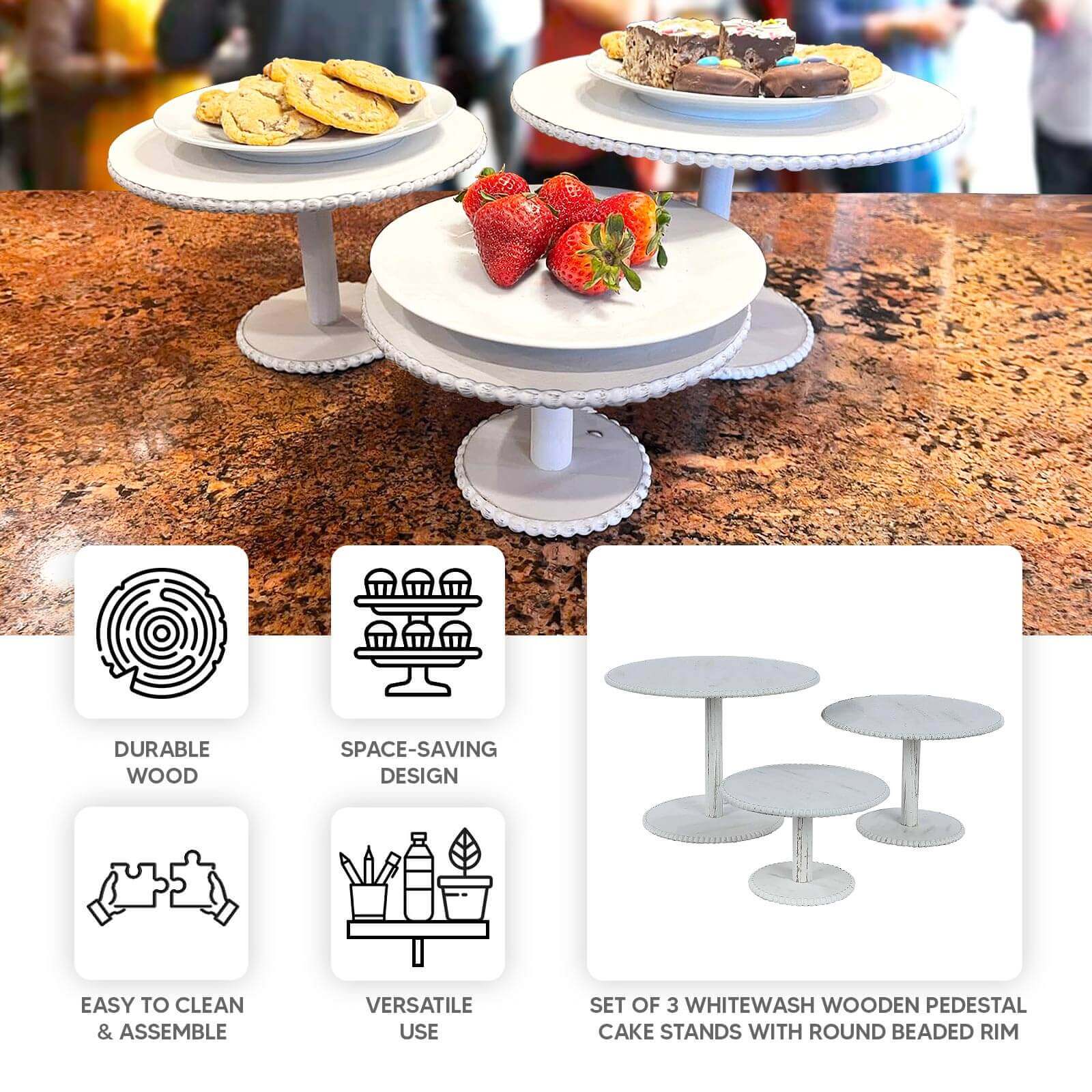Set of 3 Wooden Pedestal Cake Stands 8", 10", 12" Whitewash with Round Beaded Rim Trays - Stackable Rustic Cupcake Display - Image 4