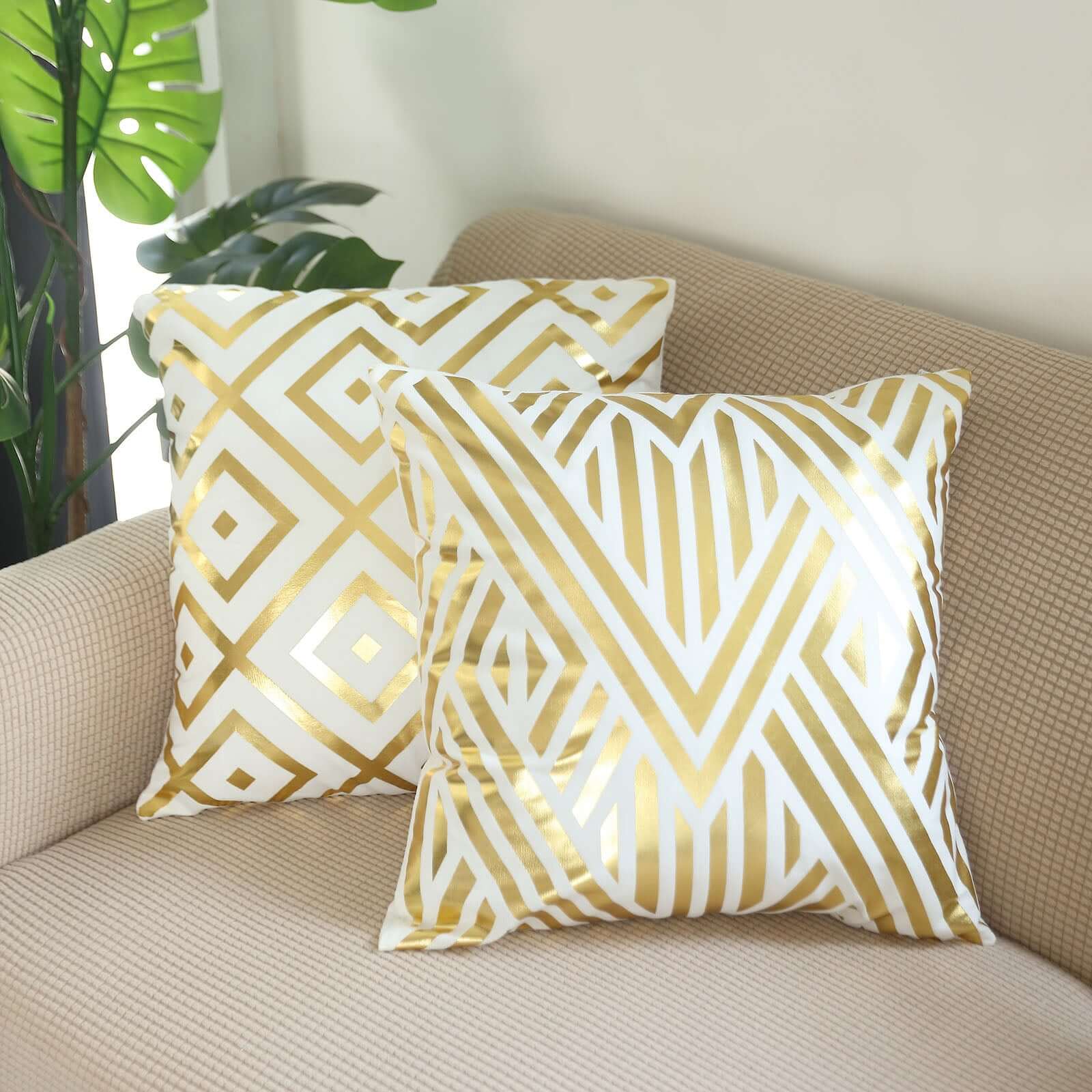 Set Of 4 White/Gold Foil Geometric Print Throw Pillow Covers, Velvet Square Sofa Cushion Covers 18" - Image 6