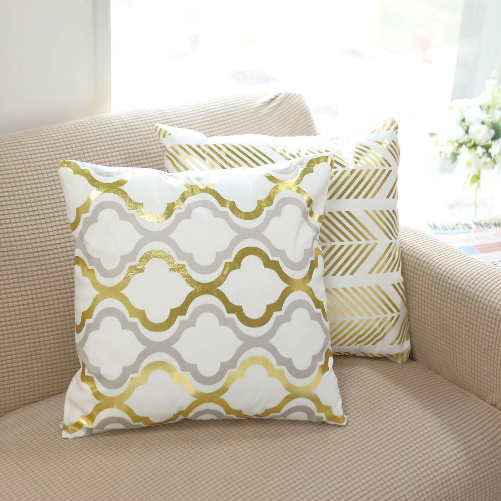 Set Of 4 White/Gold Foil Geometric Print Throw Pillow Covers, Velvet Square Sofa Cushion Covers 18" - Image 8