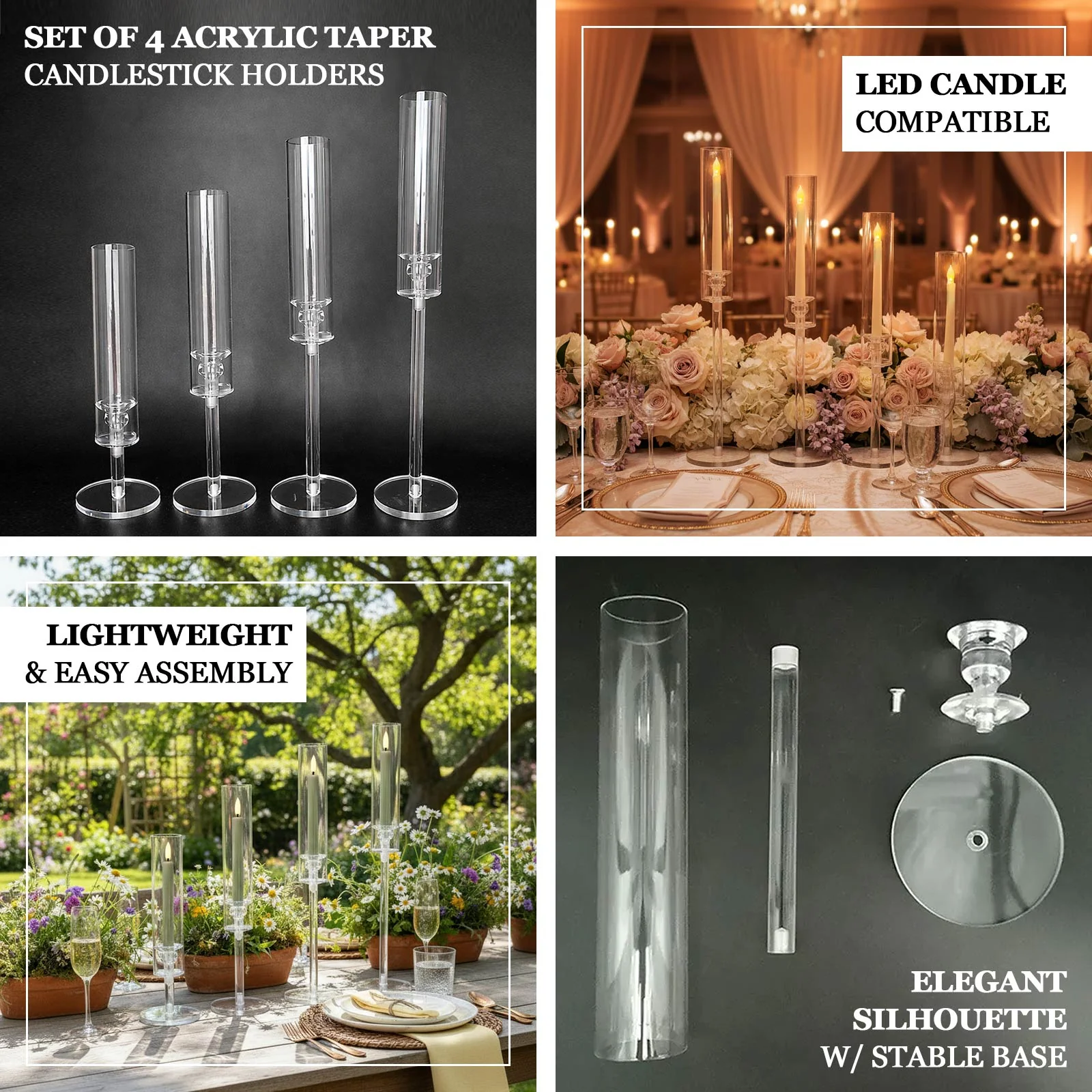 Set of 4 Acrylic Taper Candlestick Holders, Hurricane Candle Stands 14", 18", 22", 26" - Clear Tall Chimney Tube Candle Shades - Image 4