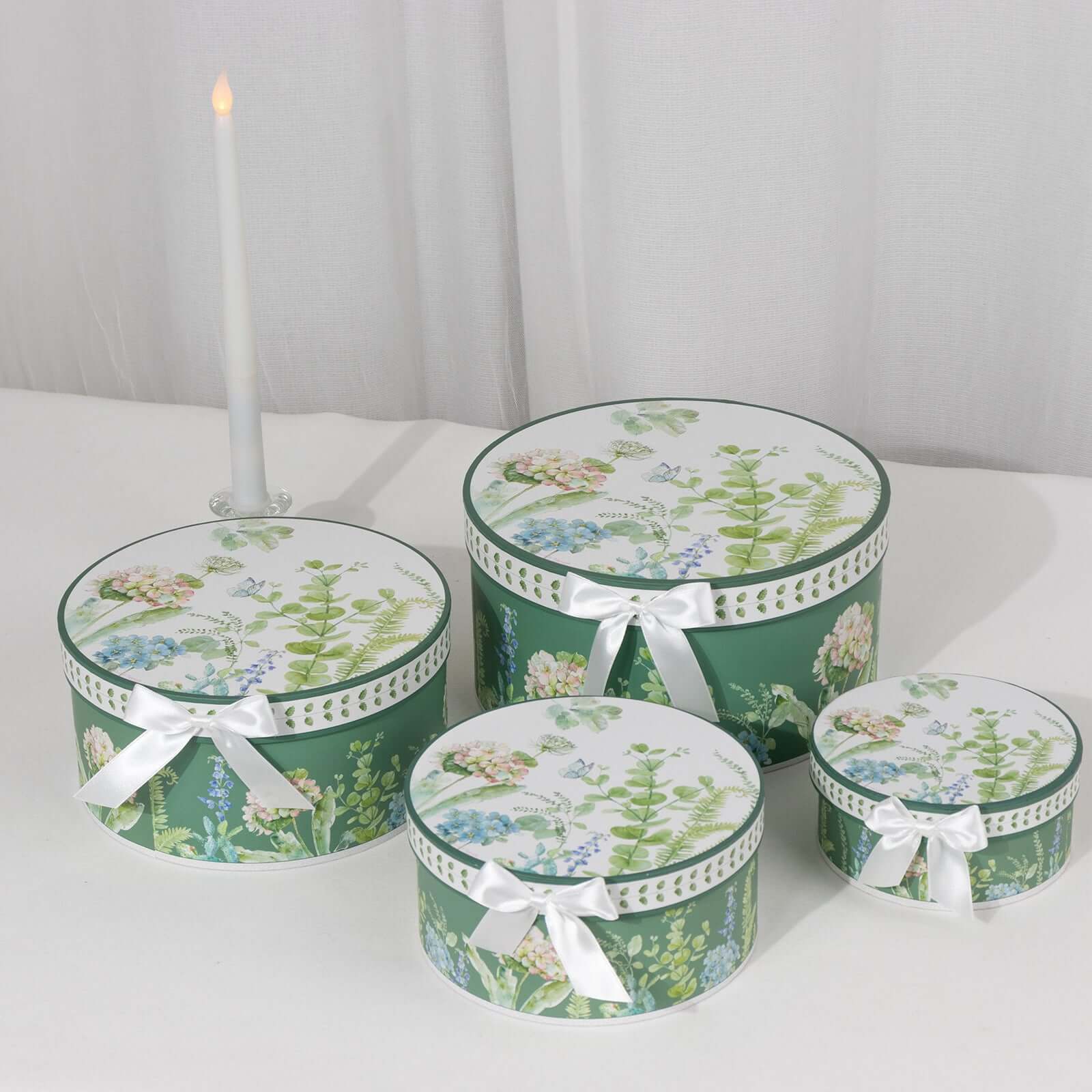 Set of 4 Cardstock Round Nesting Gift Boxes With Lids 5",7",8",9" Greenery Theme Design - Charming Stackable Heavy Duty Keepsake Boxes for Presents Storage & Display Stand - Image 3