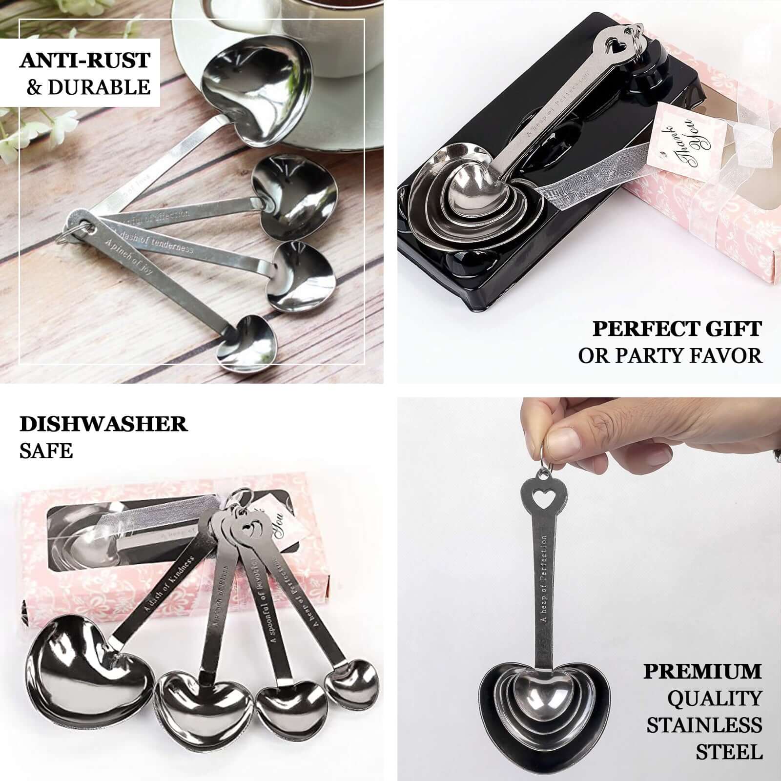 Set of 4 Engraved Silver Heart Measuring Spoon Wedding Party Favors Set, Free Gift Box & Thank You Tag Included - Image 4