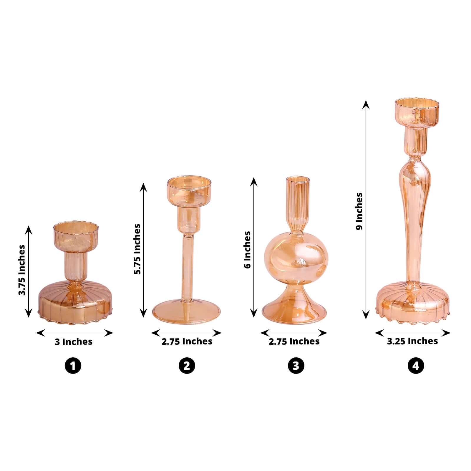 Set of 4 Glass Taper Votive Candle Holders 4", 5.5", 6", 9" Lined Crystal Design Assorted Amber Gold - Tea Light Stand Set - Image 3