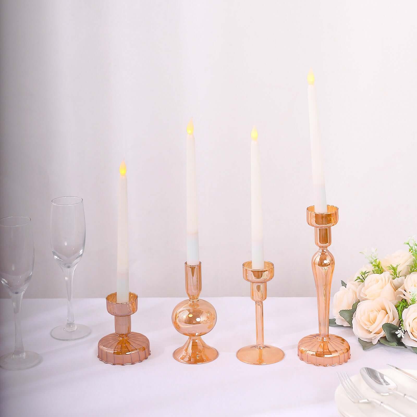 Set of 4 Glass Taper Votive Candle Holders 4", 5.5", 6", 9" Lined Crystal Design Assorted Amber Gold - Tea Light Stand Set - Image 4