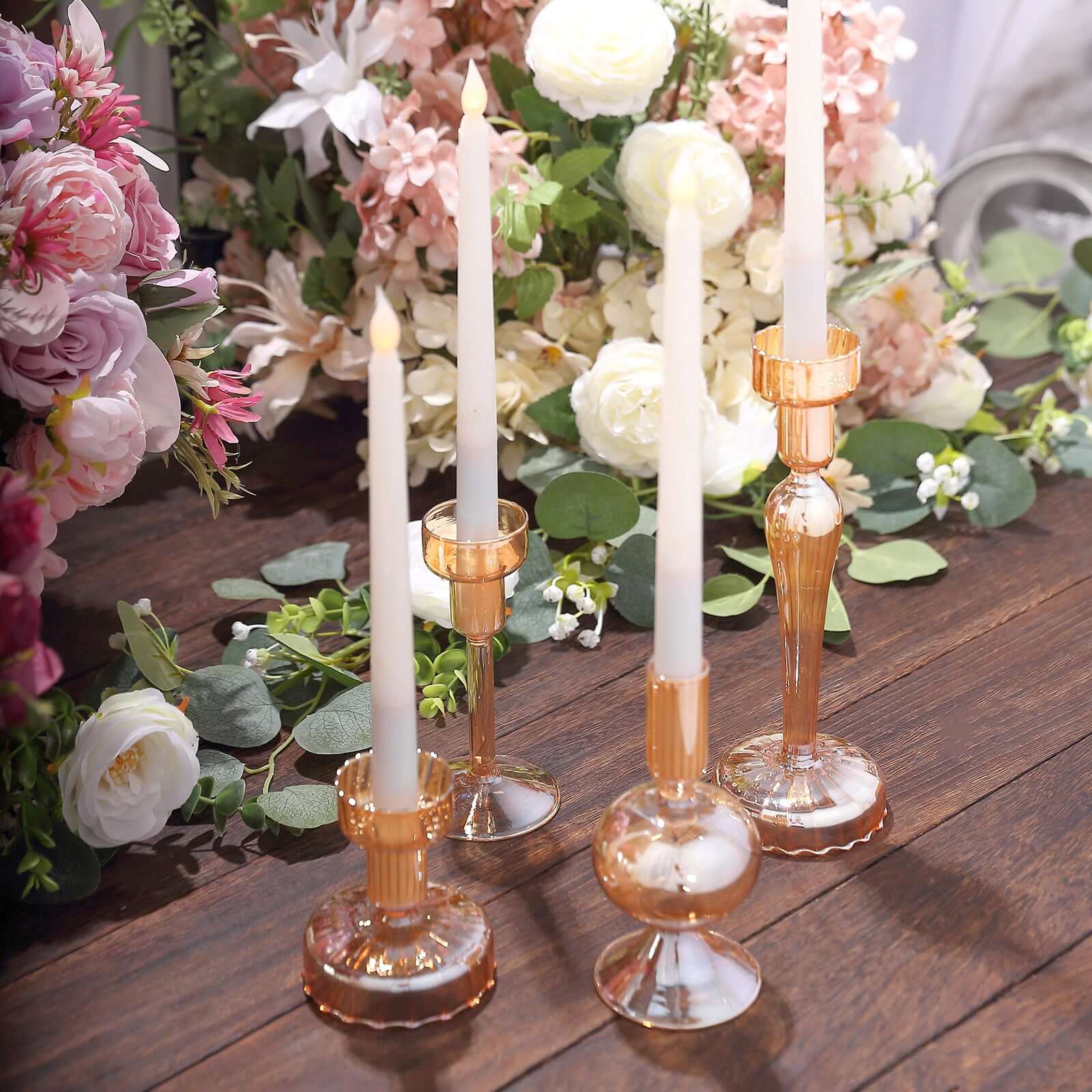 Set of 4 Glass Taper Votive Candle Holders 4", 5.5", 6", 9" Lined Crystal Design Assorted Amber Gold - Tea Light Stand Set - Image 5