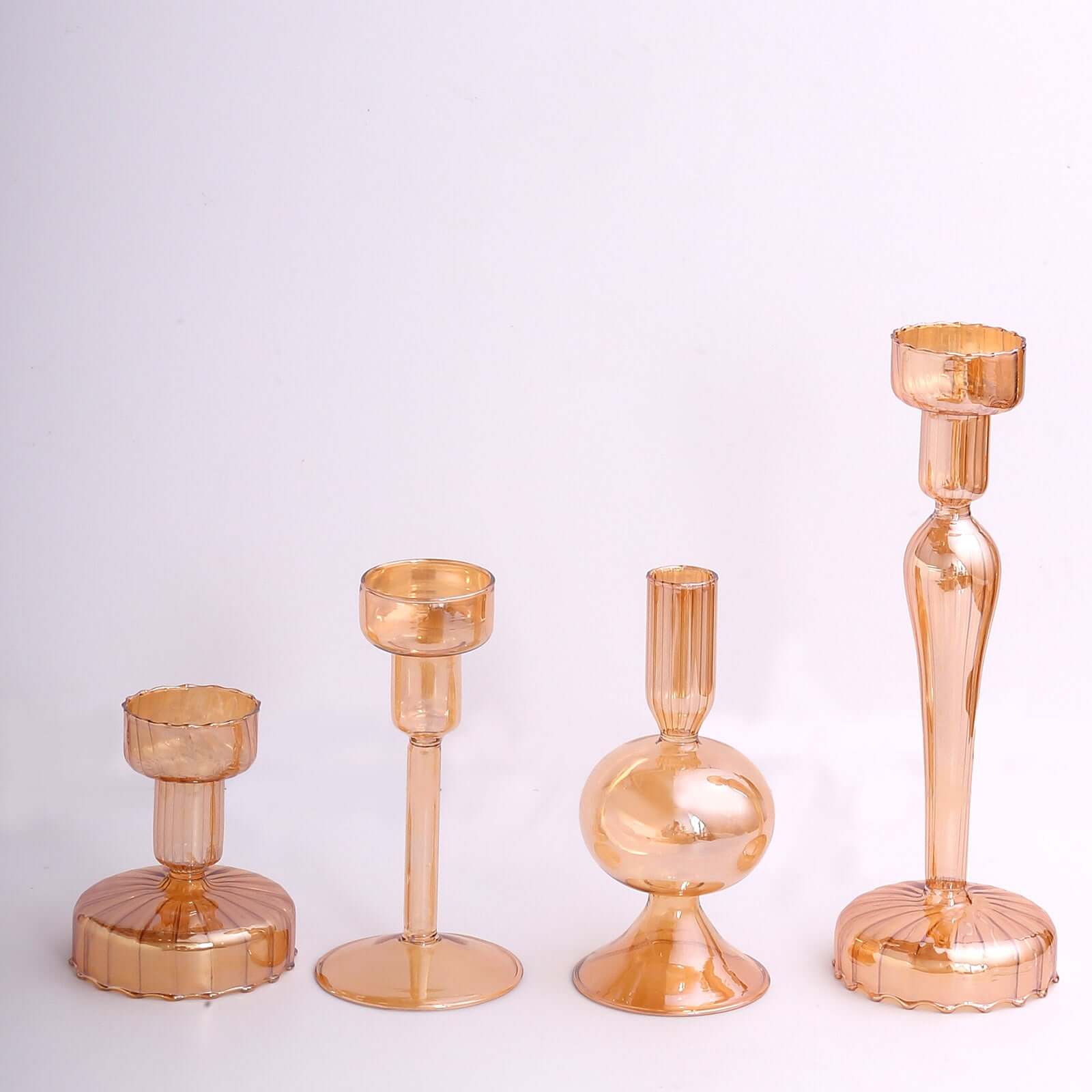 Set of 4 Glass Taper Votive Candle Holders 4", 5.5", 6", 9" Lined Crystal Design Assorted Amber Gold - Tea Light Stand Set - Image 7
