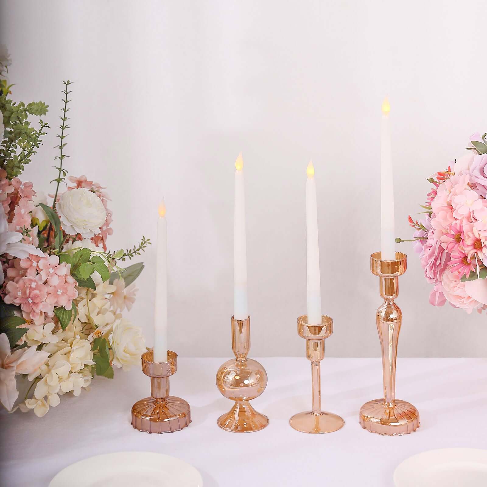 Set of 4 Glass Taper Votive Candle Holders 4", 5.5", 6", 9" Lined Crystal Design Assorted Amber Gold - Tea Light Stand Set - Image 9