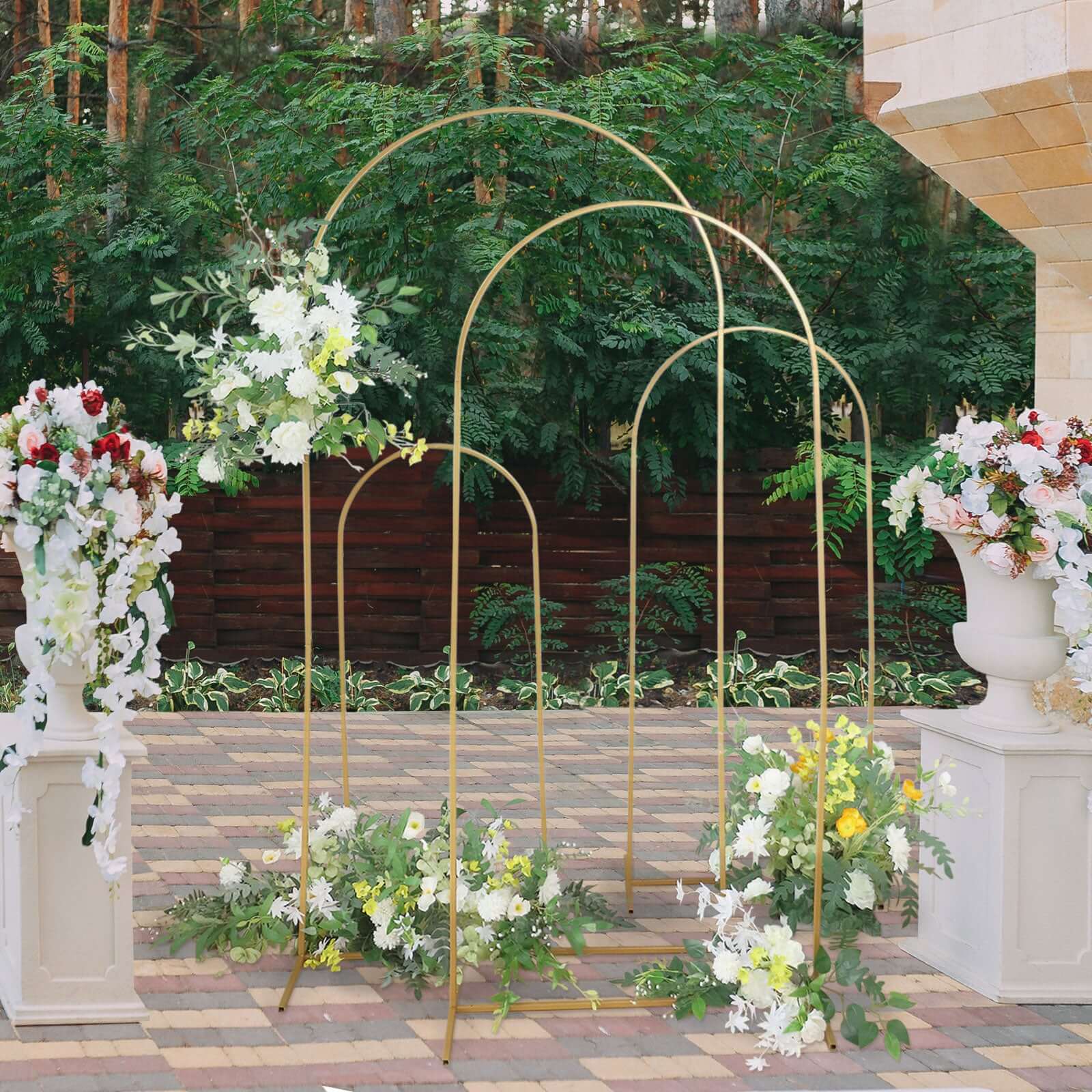 Set of 4 Gold Metal Wedding Arch Chiara Backdrop Stand Floral Display Frame With Round Top - Image 7