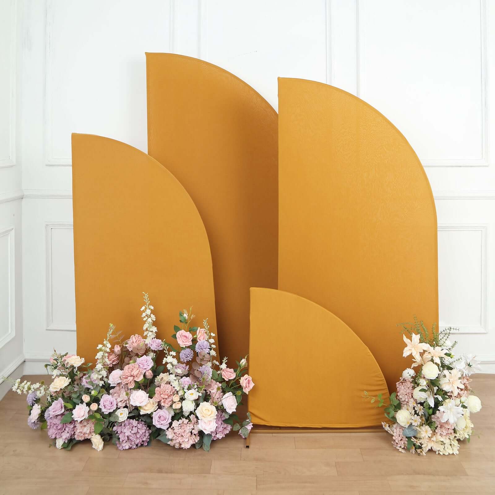 Set of 4 Matte Gold Fitted Spandex Half Moon Wedding Arch Covers, Custom Fit Chiara Backdrop Stand Covers 2.5ft,5ft,6ft,7ft